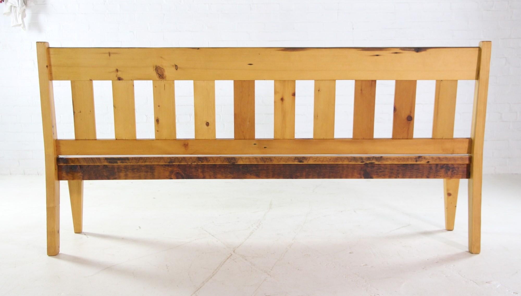 Contemporary 7 Ft Slatted Wood Bench with Reclaimed Pine Beams and Natural Stain