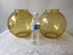 4 German 1960s Amber Crackle Glass Lamp Bases / Flush Mounted Globes