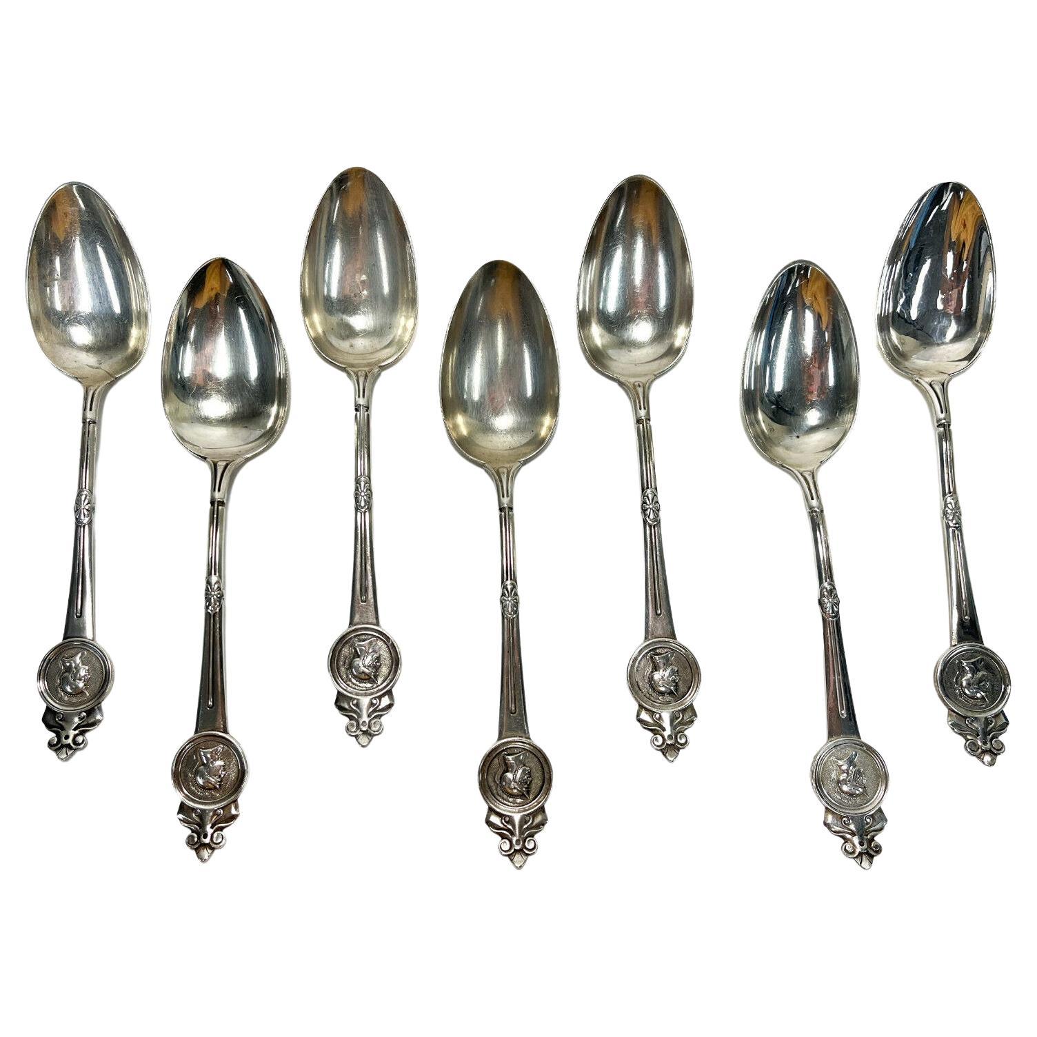  7 Gorham Sterling Silver Medallion 8.5 inch Tablespoons, Late 19th Century 