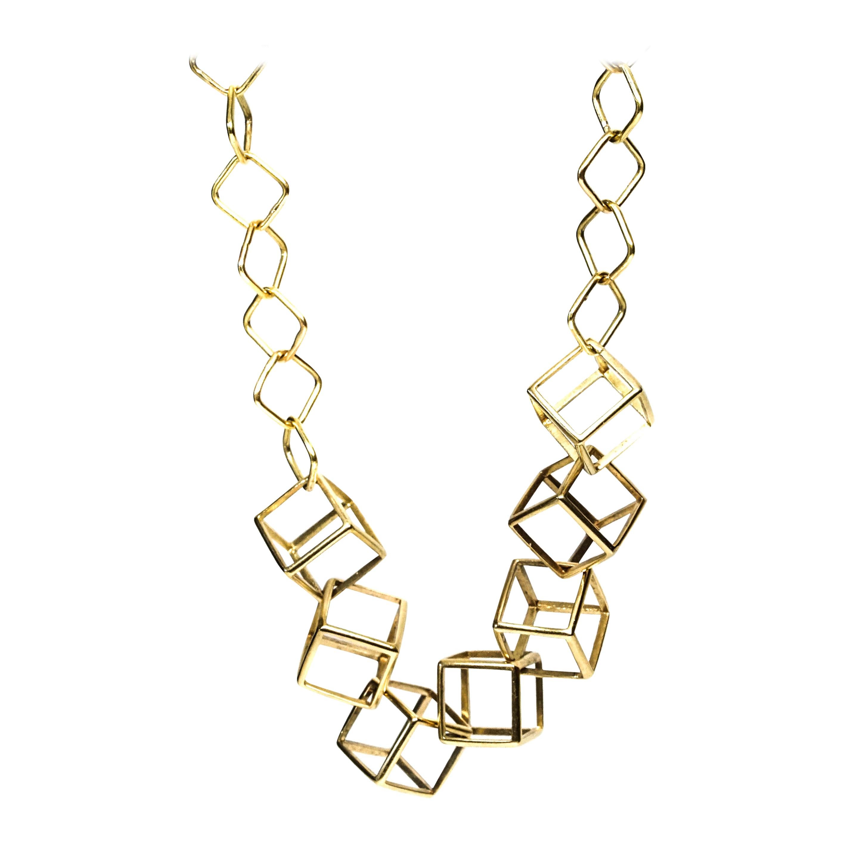 18 Karat Yellow Gold -Contemporary , Unique 7 Hollow Geometric Cubes Necklace 
