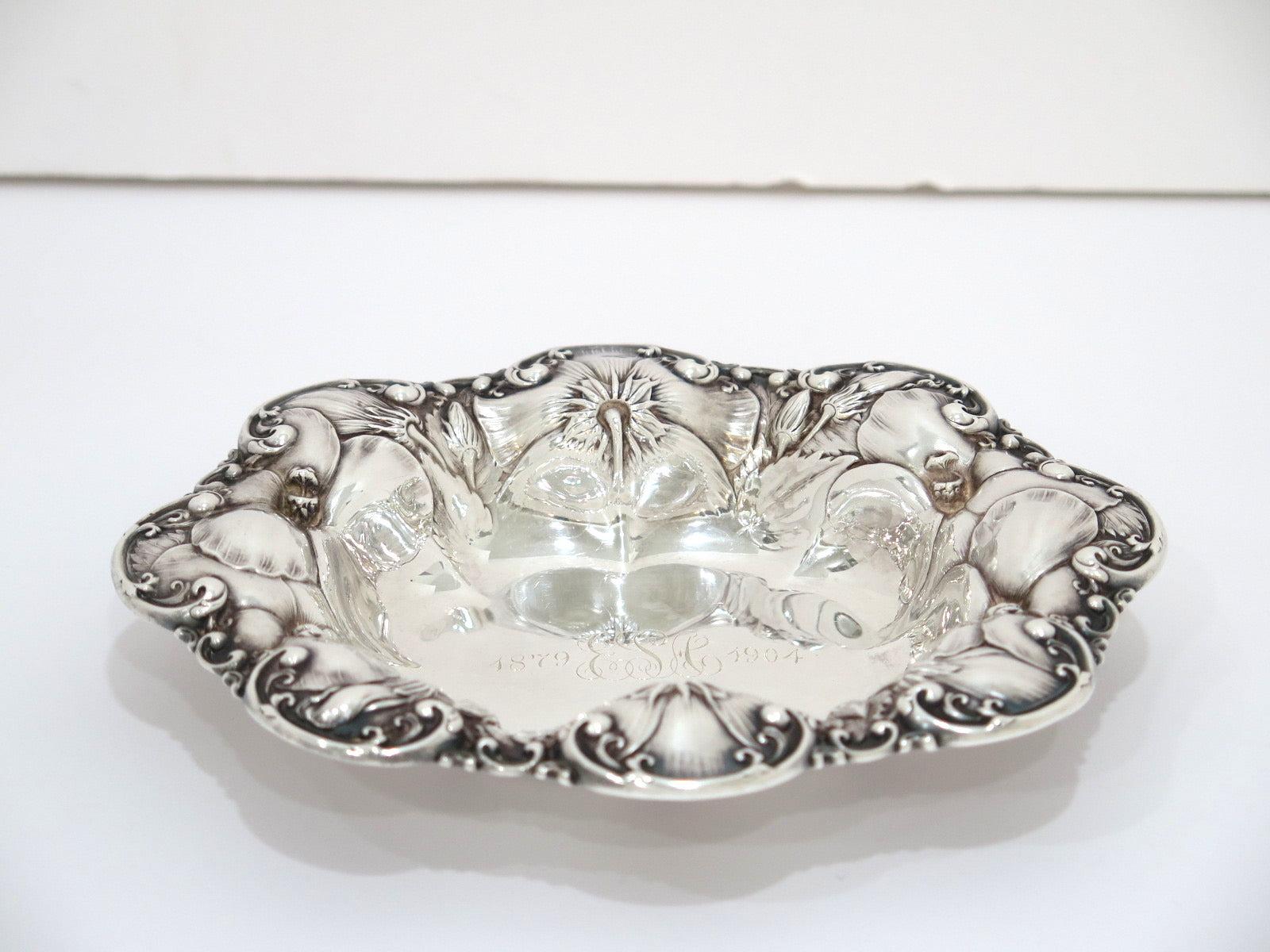 American 7 in - Sterling Silver Whiting Antique c. 1904 Hibiscus Oval Candy Nut Dish