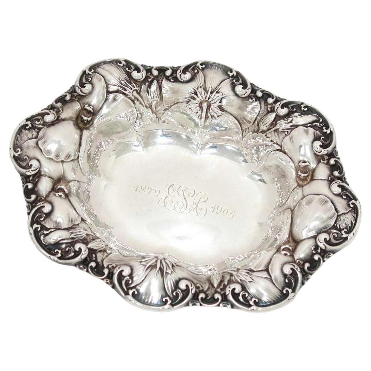 7 in - Sterling Silver Whiting Antique c. 1904 Hibiscus Oval Candy Nut Dish