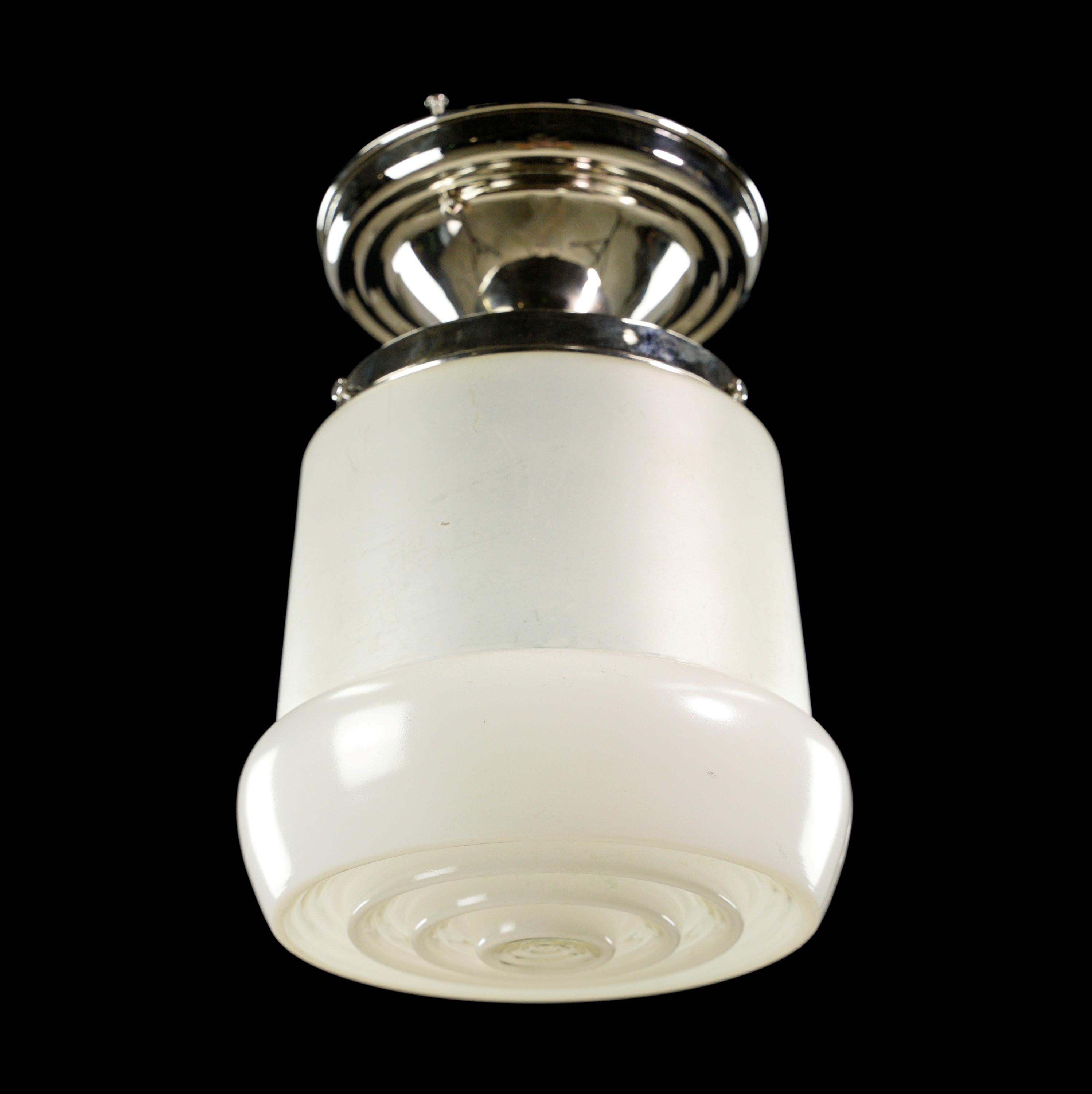 Streamlined Moderne 7 in. White Frosted Glass & Steel Semi Flush Mount Light