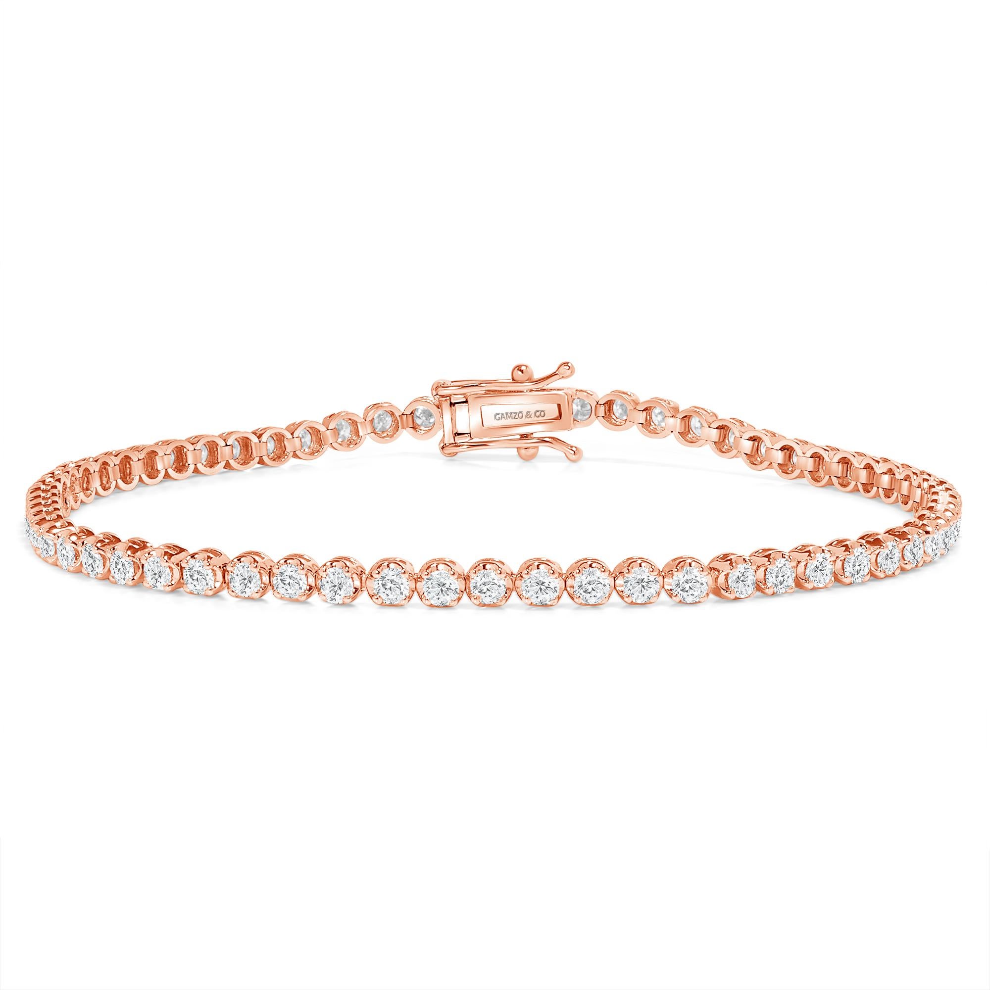 Round Cut 14k Rose Gold 3 Carat Round Diamond Illusion Setting Tennis Bracelet For Sale