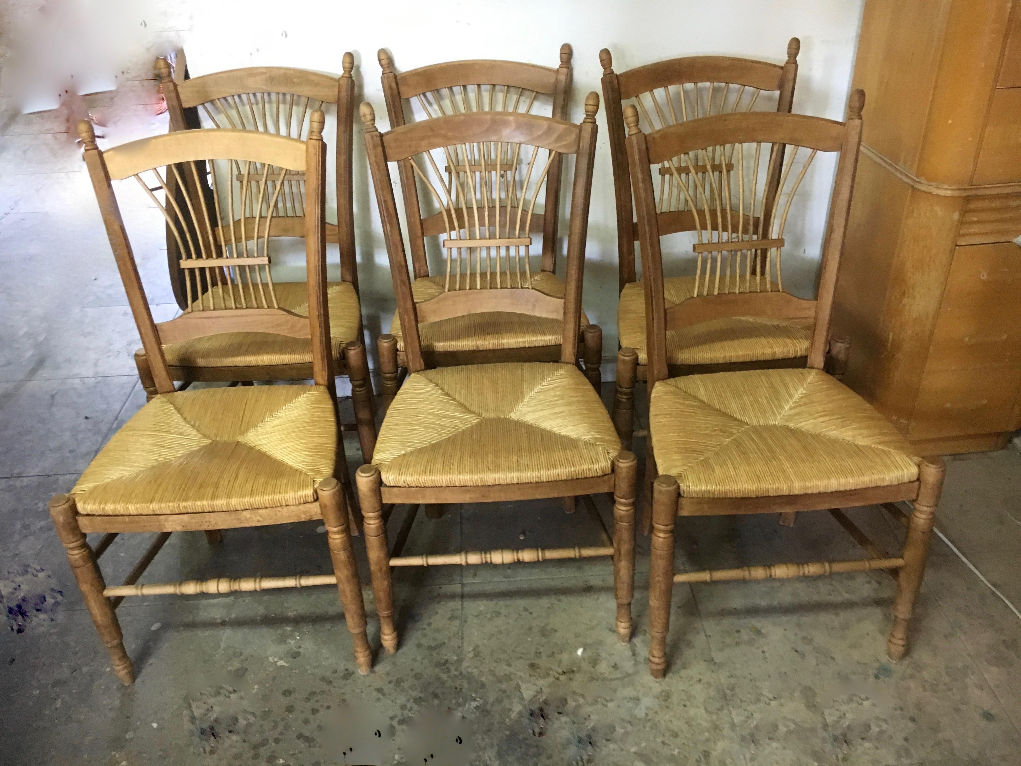20th Century 7 Italian Maple Chairs with Rush Seats
