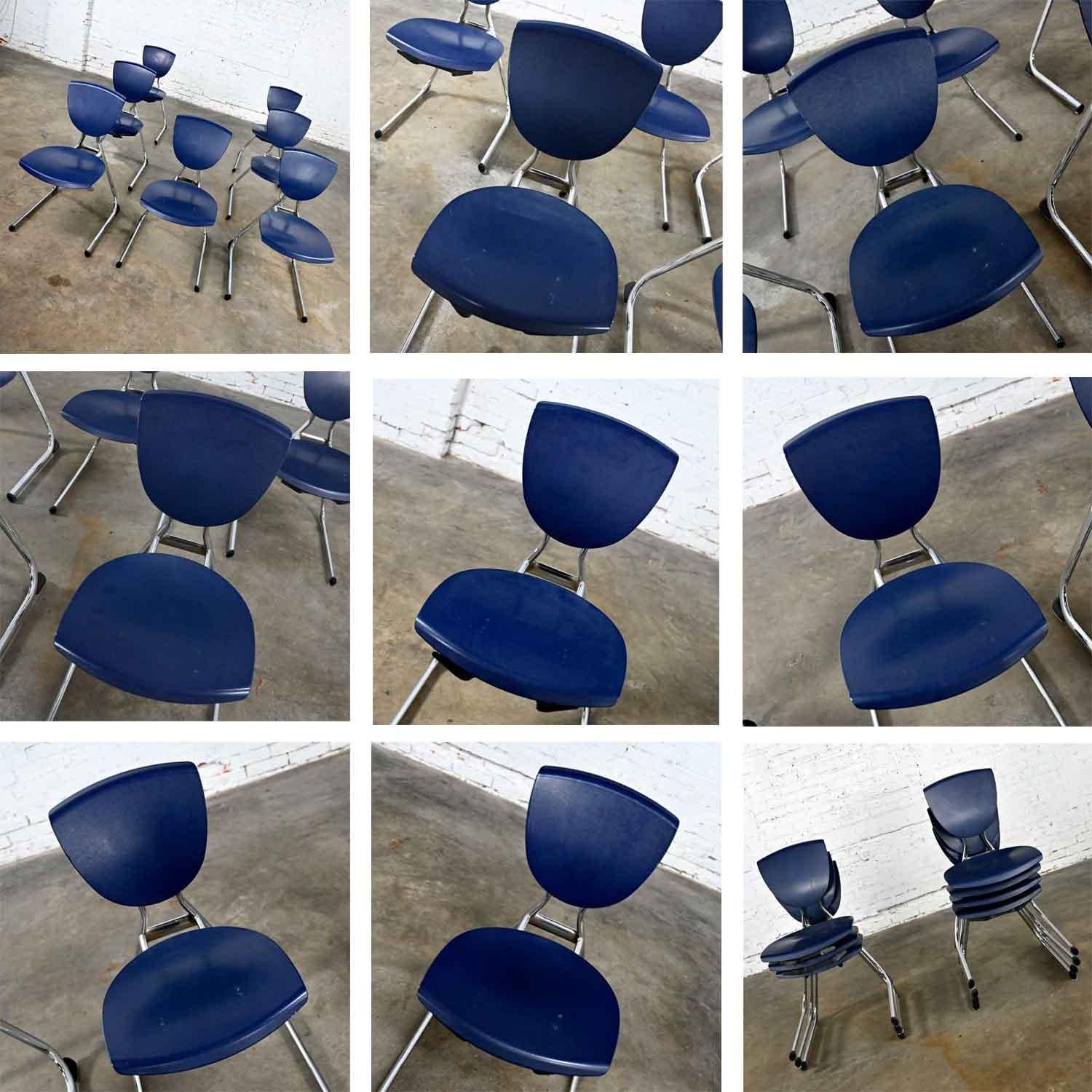 7 KI Seating Modern Dark Blue Plastic & Chrome Reverse Cantilever Dining Chairs  For Sale 6