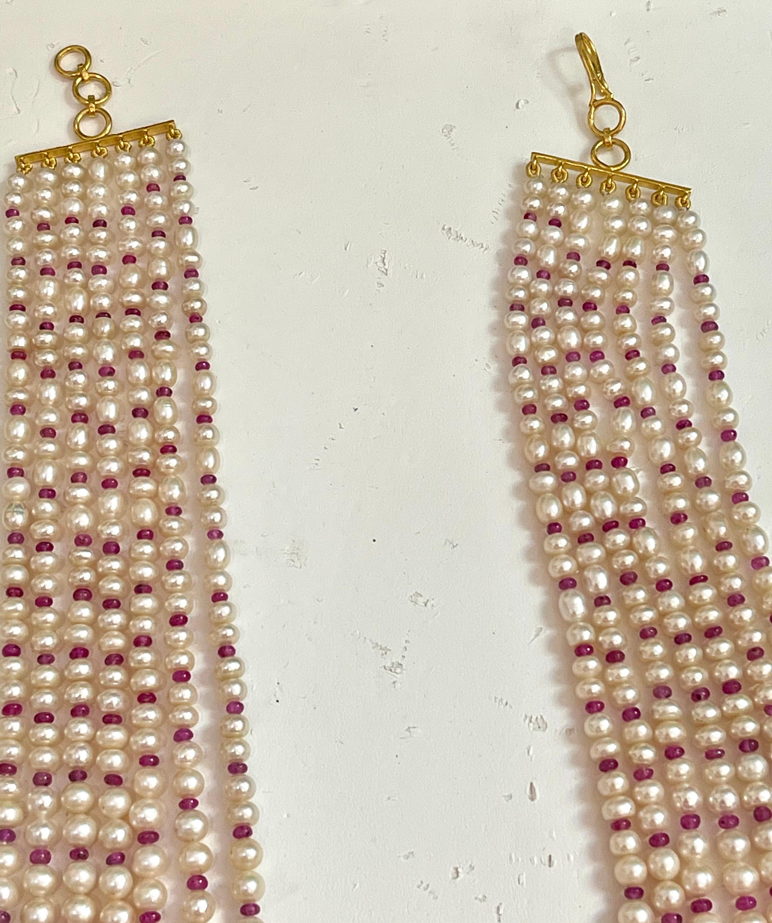 Round Cut 7 Layer Fresh Water Pearl, Ruby Bead + 14KG Spacer Clasp Opera Length Necklace