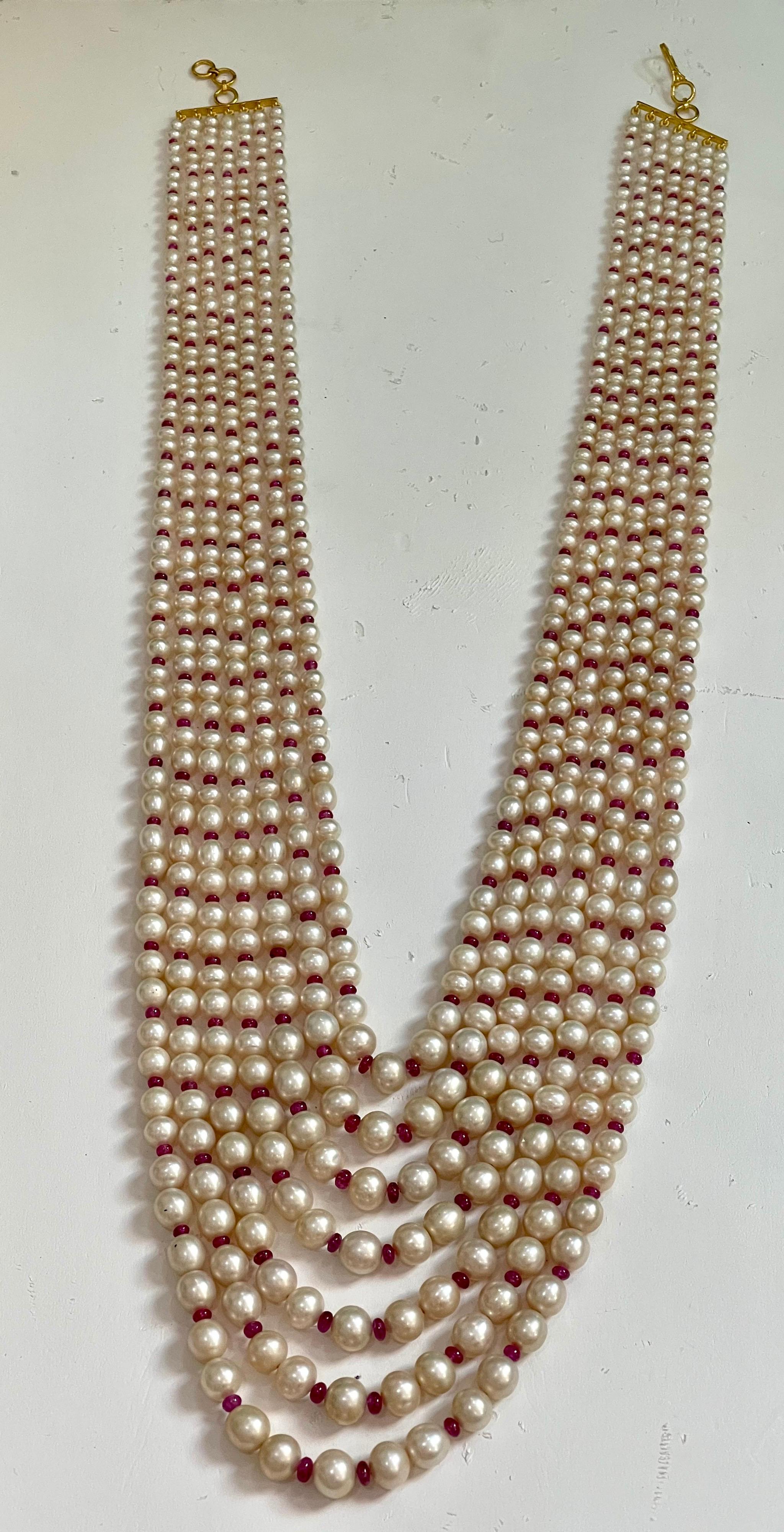 7 Layer Fresh Water Pearl, Ruby Bead + 14KG Spacer Clasp Opera Length Necklace In Excellent Condition For Sale In New York, NY