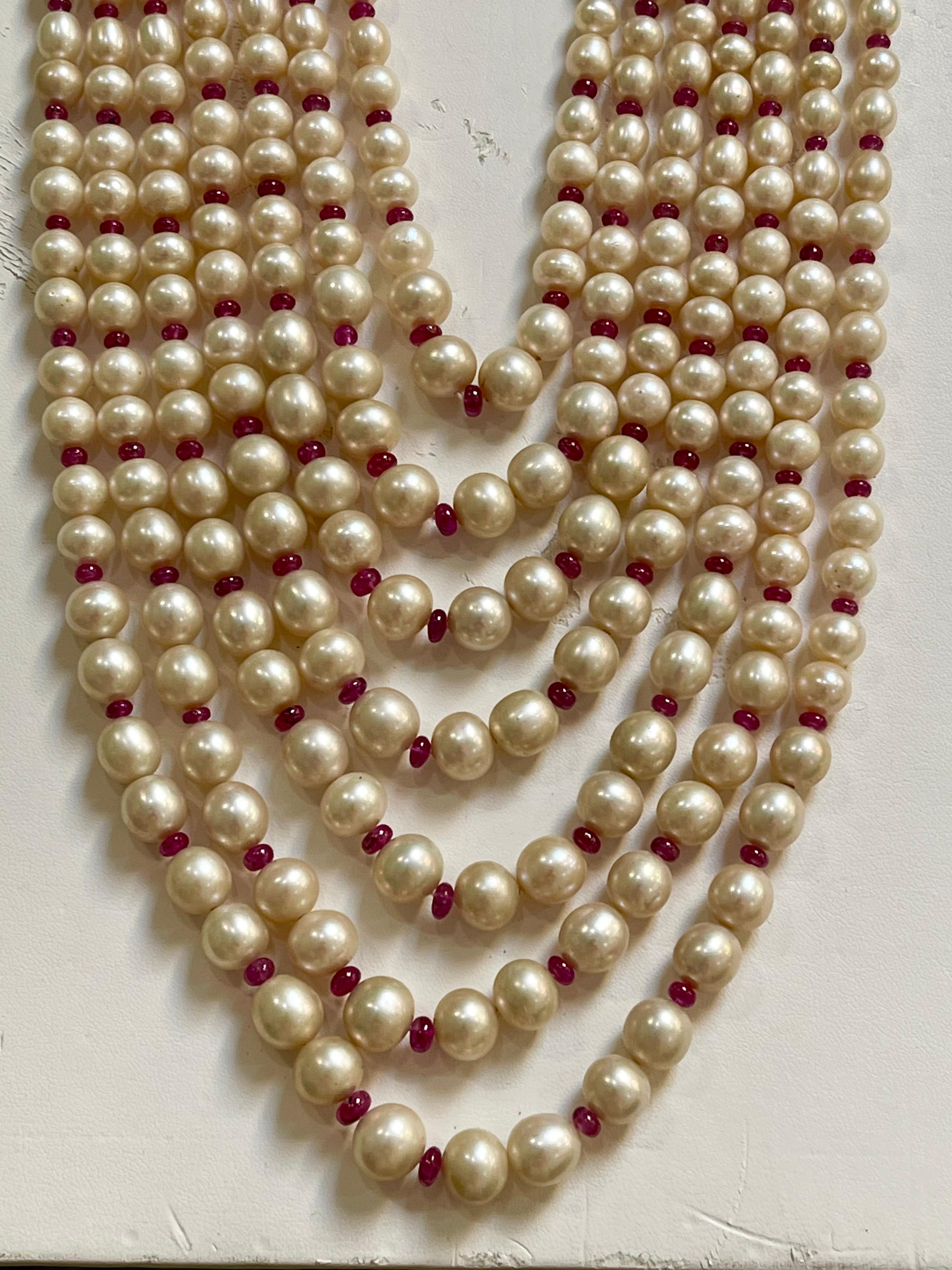 7 Layer Fresh Water Pearl, Ruby Bead + 14KG Spacer Clasp Opera Length Necklace For Sale 1