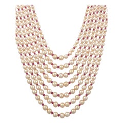 7 Layer Fresh Water Pearl, Ruby Bead + 14KG Spacer Clasp Opera Length Necklace