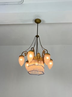 7-light Art Deco Chandelier in Brass and Glass Six arms Colored Fringe 1940s