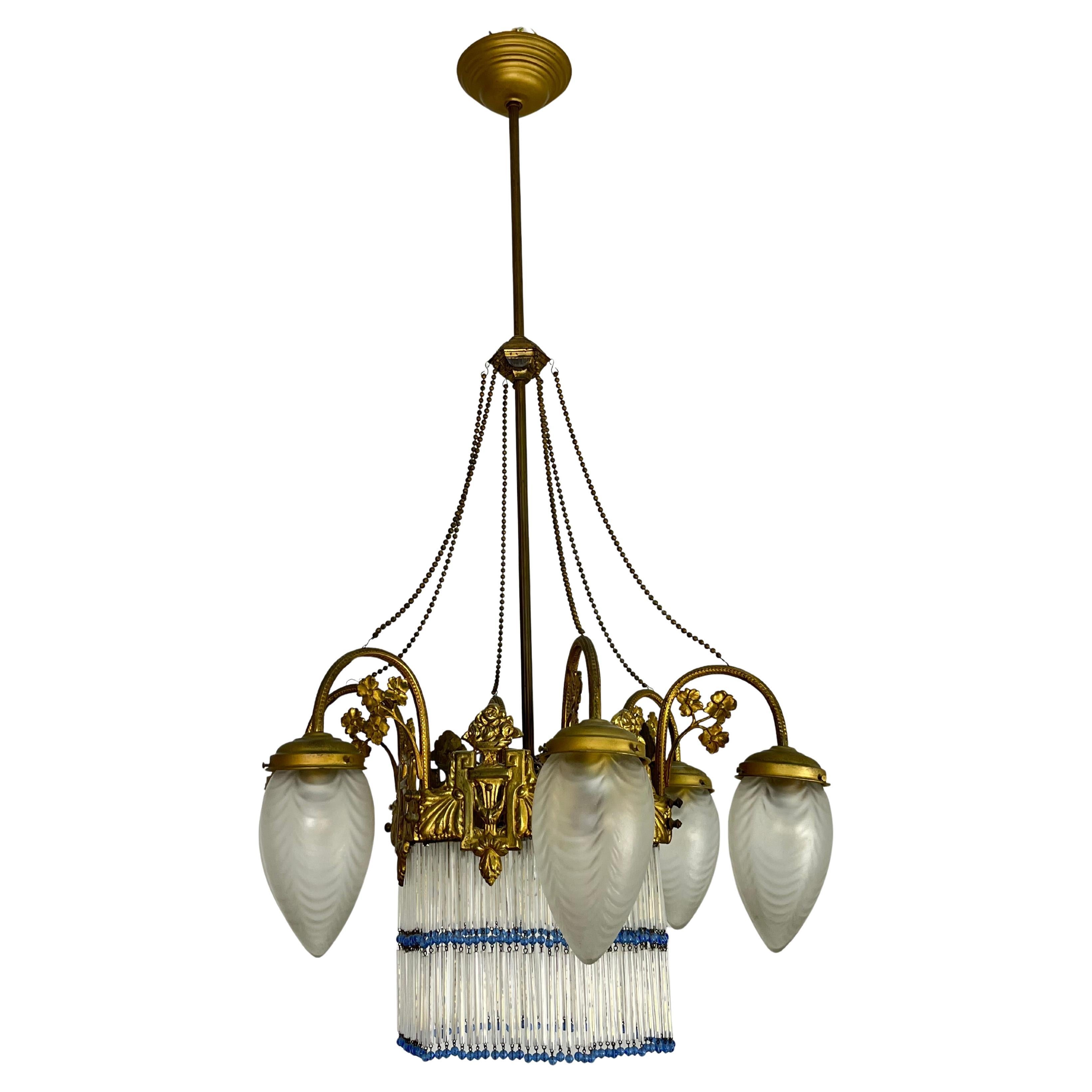 7-light Art Deco Chandelier in Brass and Glass Six arms Colored Fringe 1940s