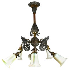 7-Light Chandelier with Quezal Shades and Gargoyle Design