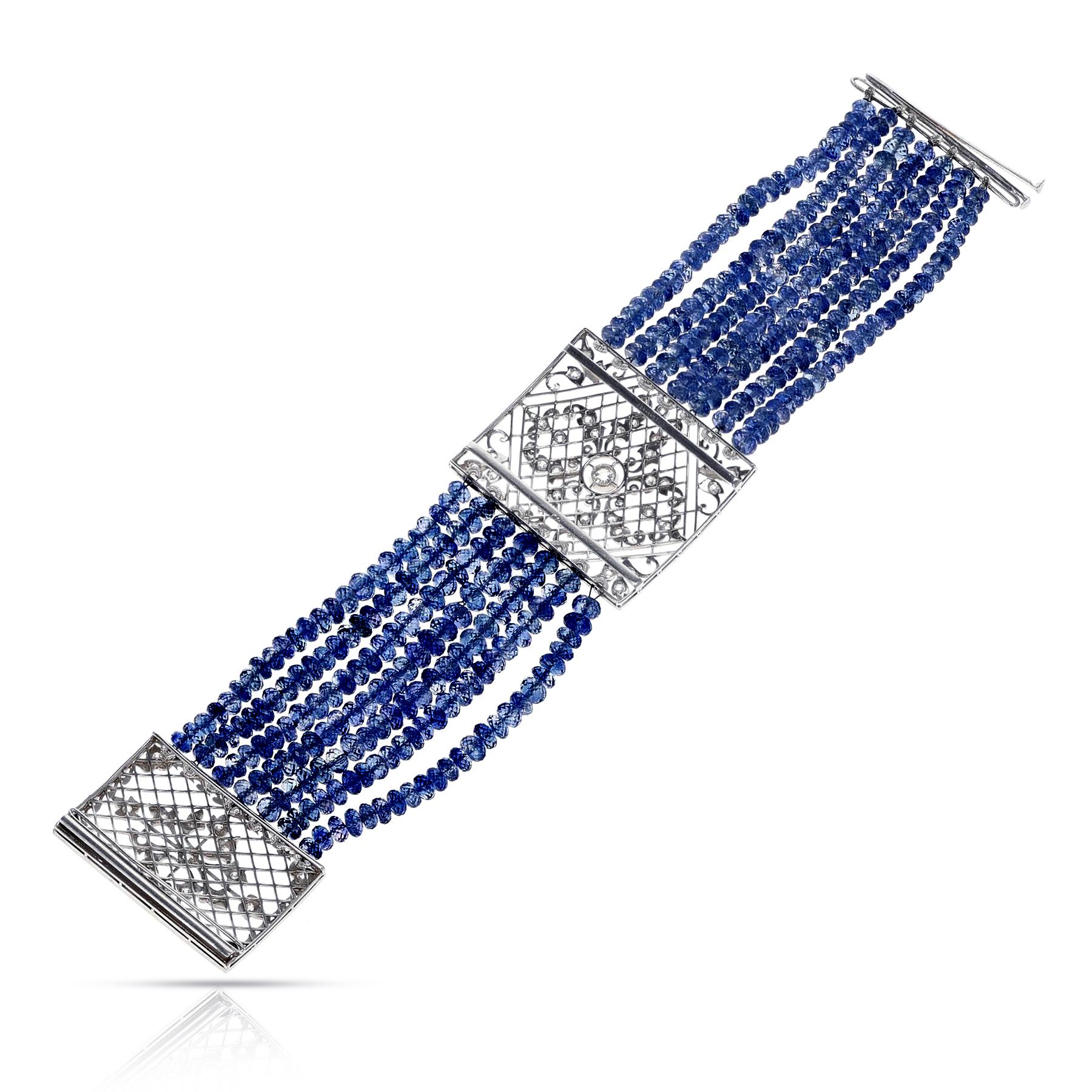 7 Line Sapphire Beads Bracelet with Diamond Clasp and Spacer In Excellent Condition In New York, NY