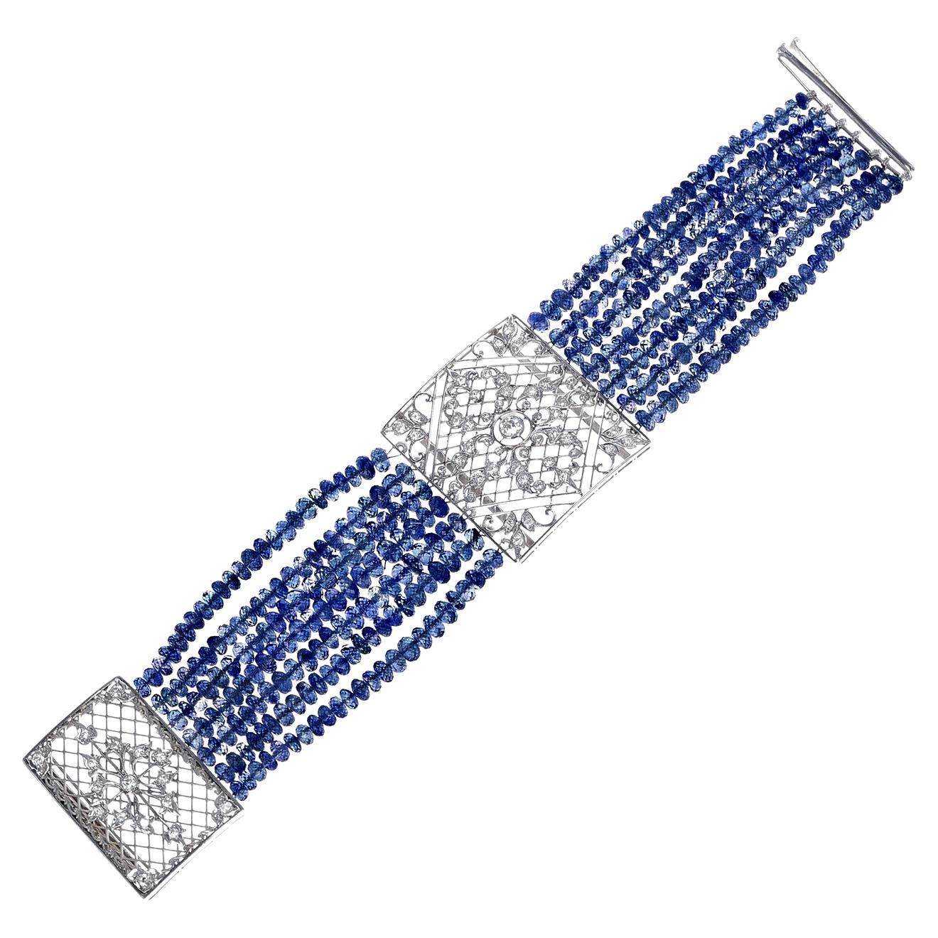 7 Line Sapphire Beads Bracelet with Diamond Clasp and Spacer