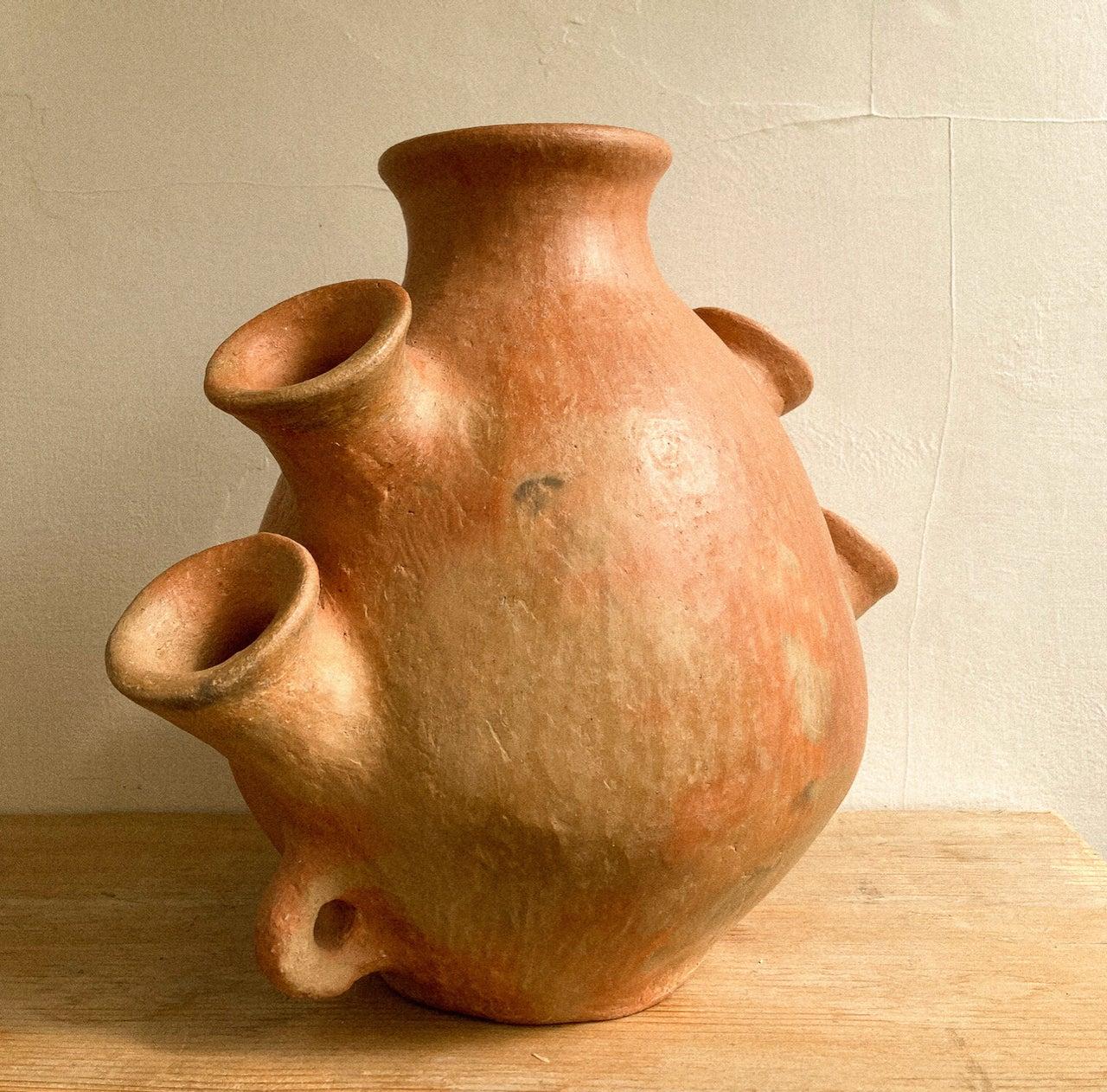 Contemporary 7 Mouth Rustic Mexican Ceramic Pottery Vessel Handmade Oaxaca Terracotta 
