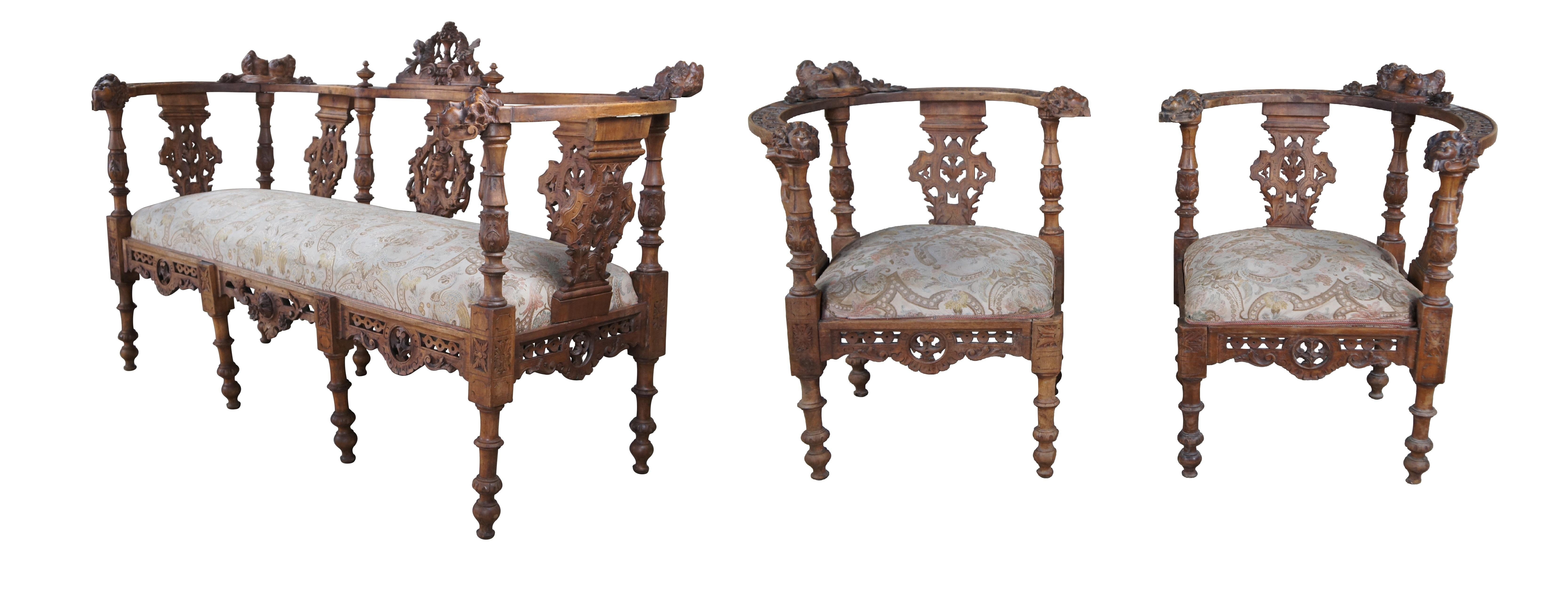 Néo-Renaissance 7 Pc Set Antique Revival italien Renaissance sculpté Noyer Chaises d'angle Canapé en vente