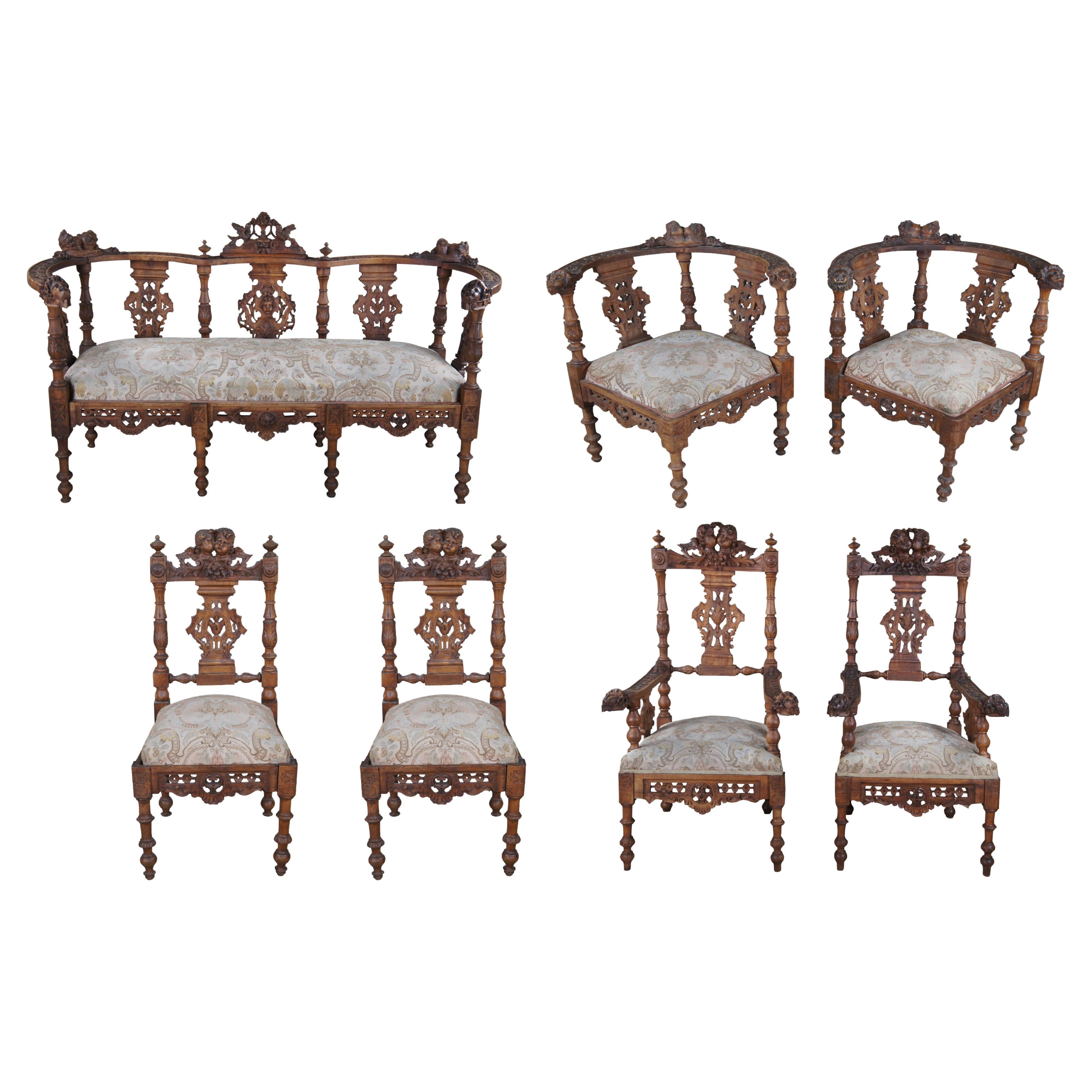 7 Pc Set Antique Italian Renaissance Revival Carved Walnut Corner Chairs Settee
