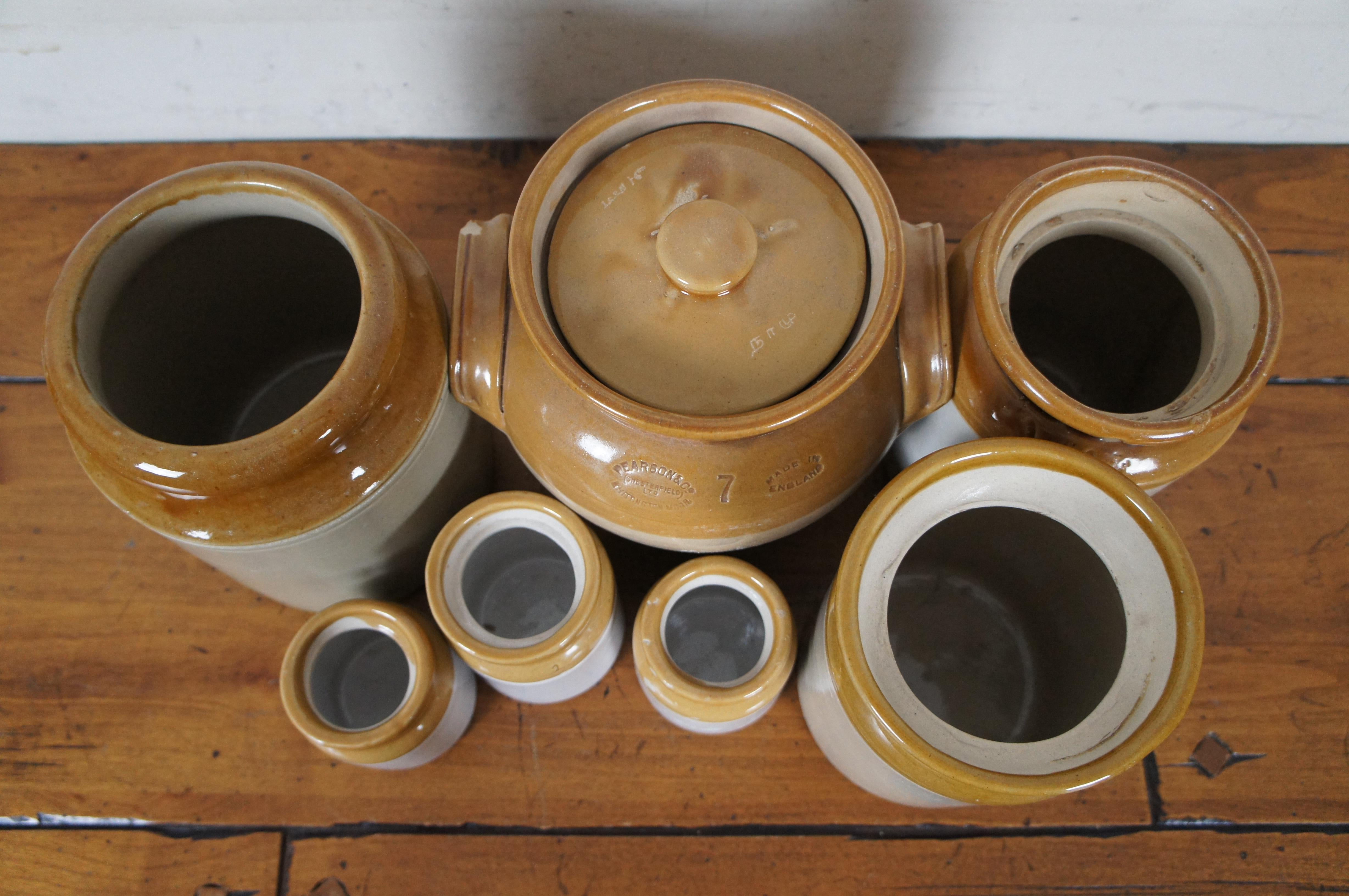 7 Pcs Pearson & Co Chesterfield English Stoneware Crocks Cannister Biscuit Jar In Good Condition For Sale In Dayton, OH