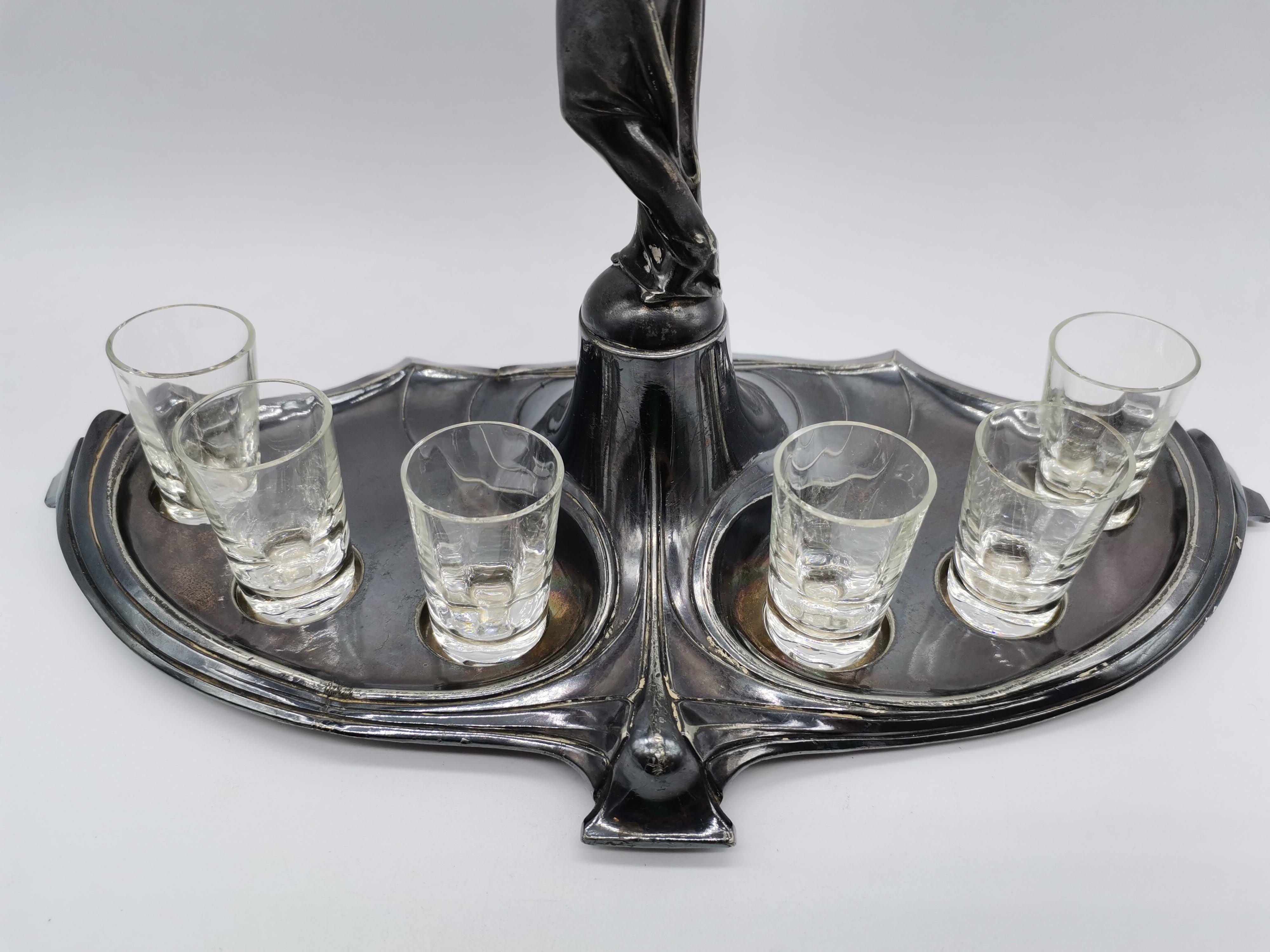 Forged 7 Pcs, Small Glasses and a Holder, Metal and Glass For Sale