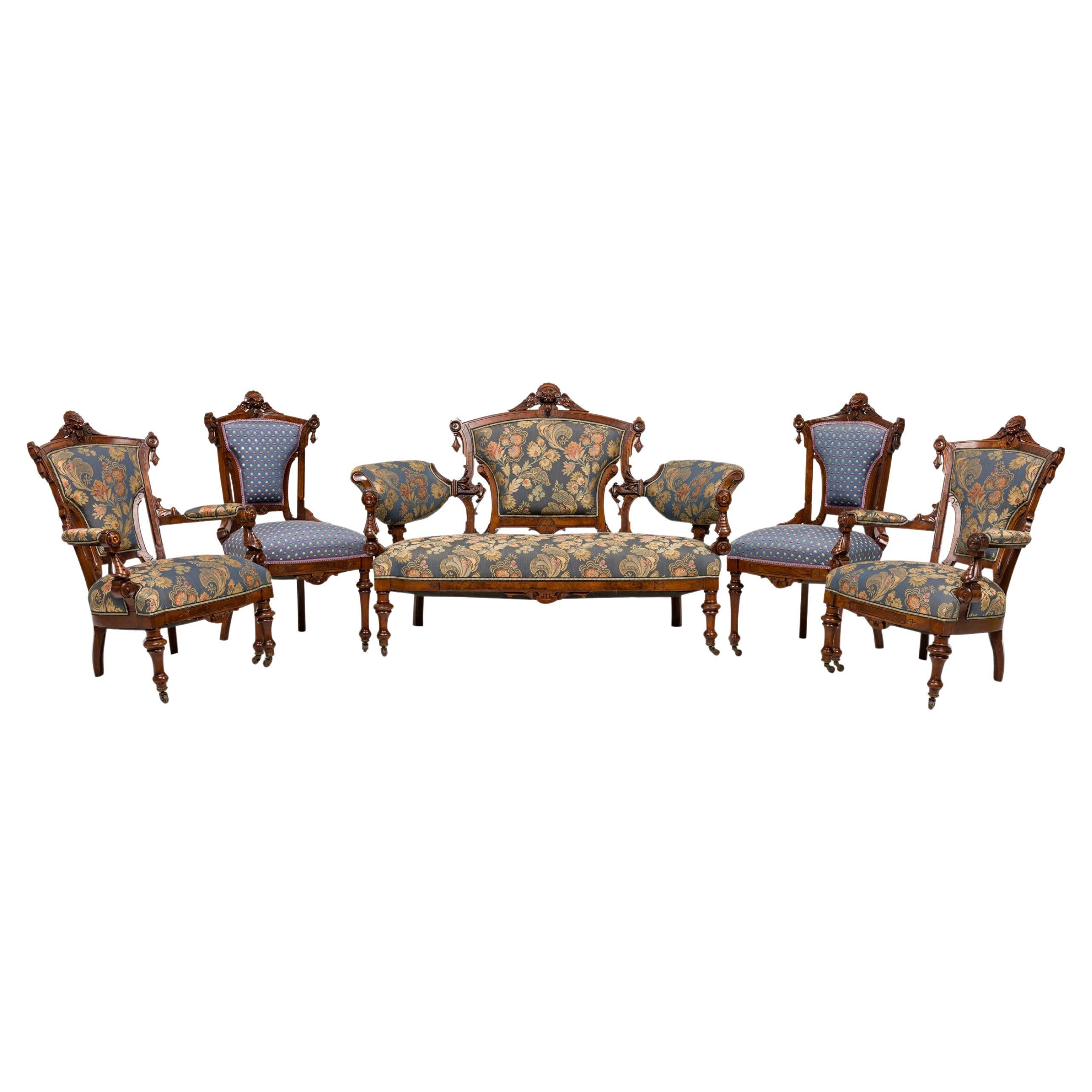 7 Piece American Victorian Upholstered Carved Mahogany Living Room Set For Sale