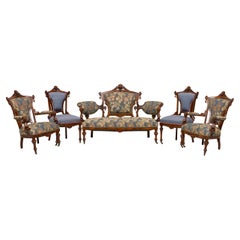 7 Piece American Victorian Upholstered Carved Mahogany Living Room Set