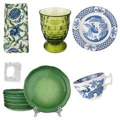 7 Piece Blue Green Table Setting W/ Plates Glasses Cloth Napkins Italy Set of 12