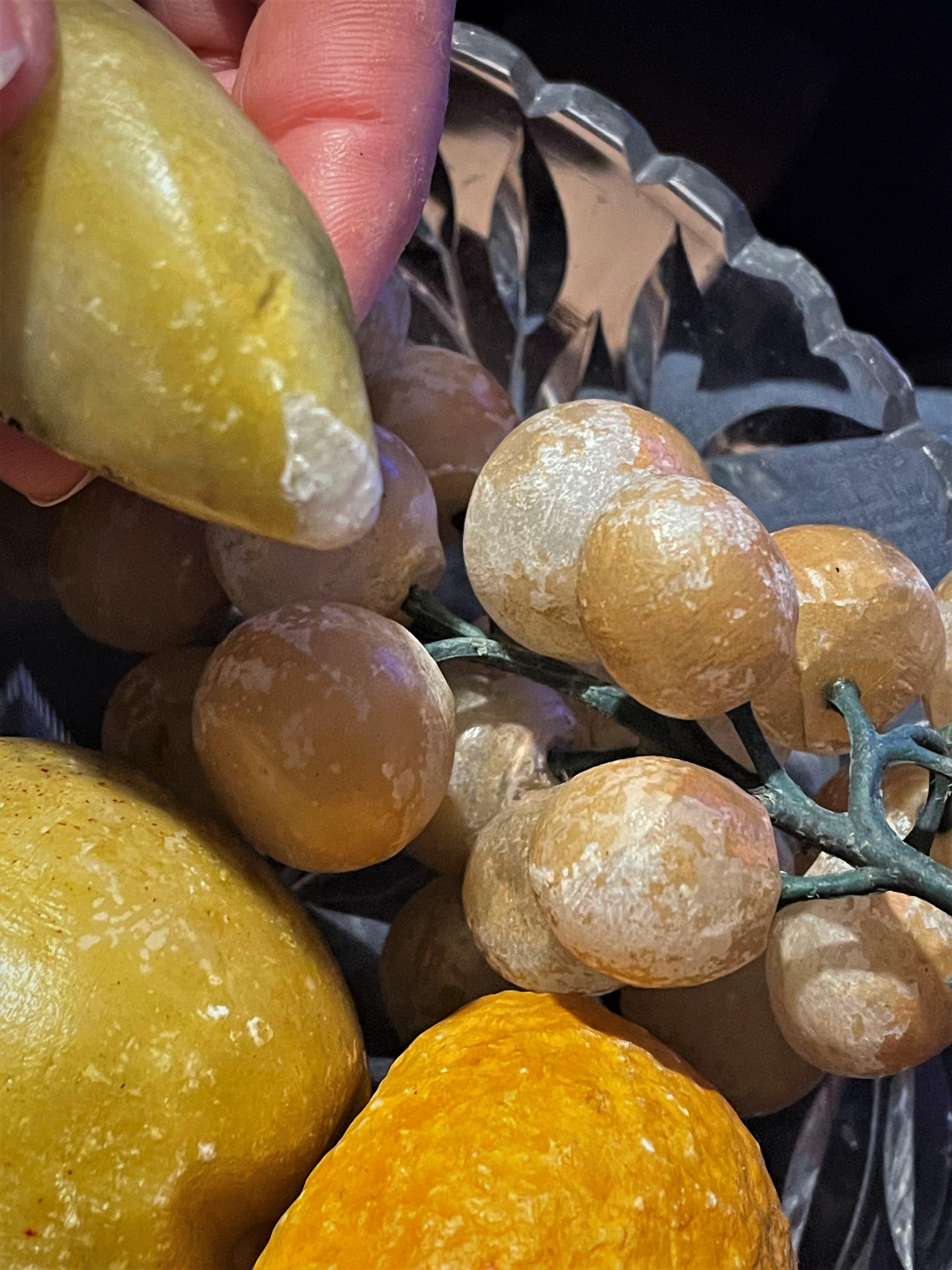 7 Piece Lot Italian Carved Stone Fruit in Glass Bowl Grapes Banana Orange Apple  For Sale 12