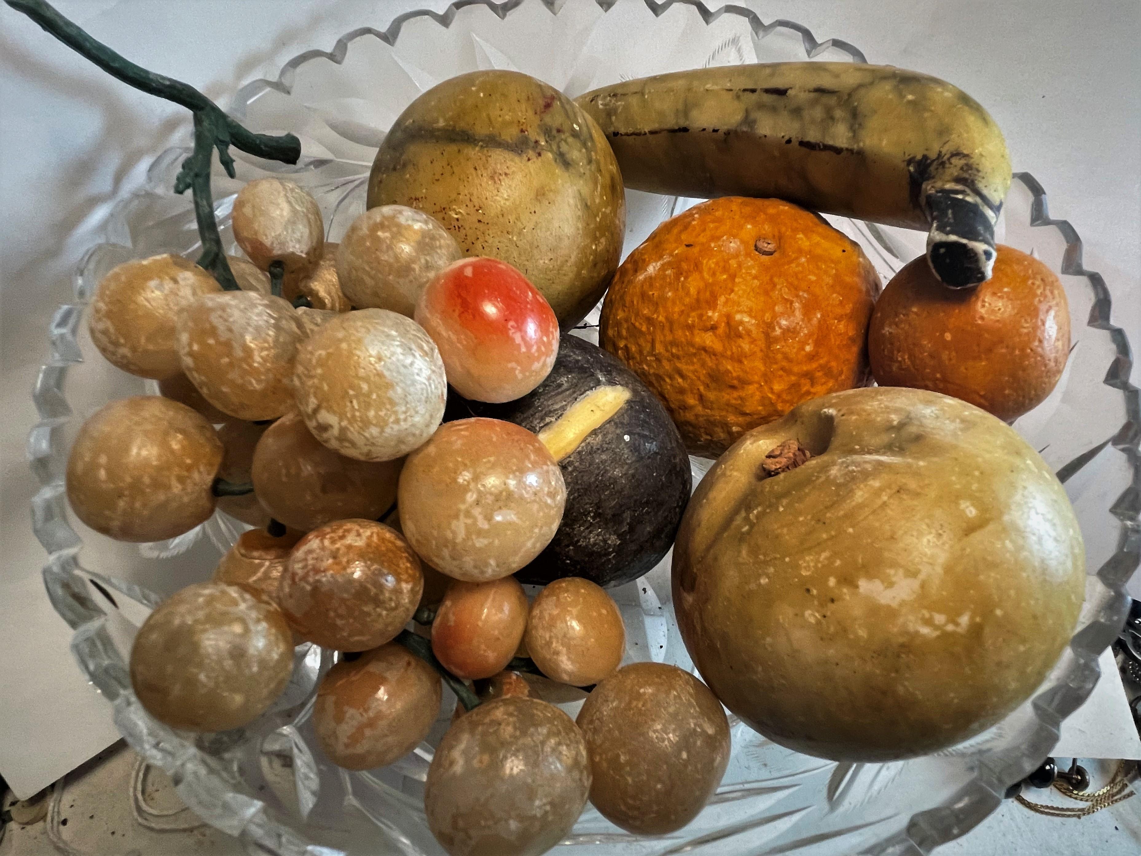 Here is a great looking set of 7 pieces of carved stone fruit with a wonderful realistic look that would make any décor colorful and classy. There are some imperfections on these pieces that I have photographed, the pear is missing it's stem and has