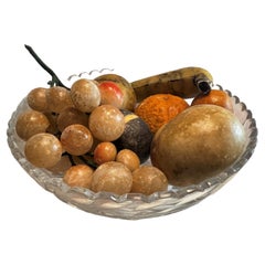 7 Teile Italienisches geschnitztes Obst in Glasschale aus Stein mit Trauben, Bananen, Orange und Apfel 