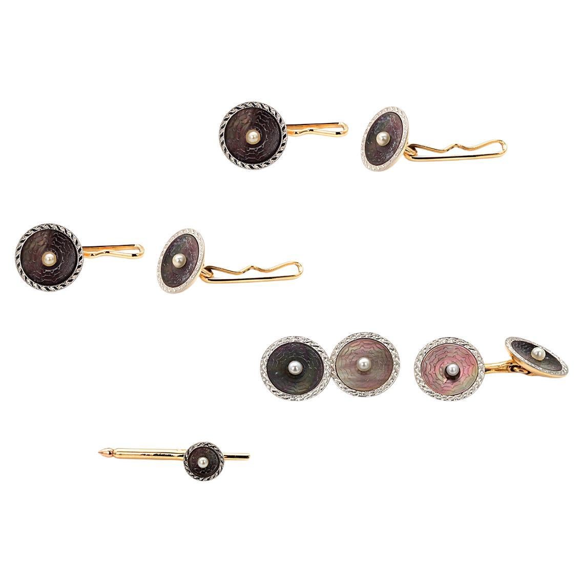 Set di 7 gemelli e borchie da camicia in platino e oro giallo 14K in vendita