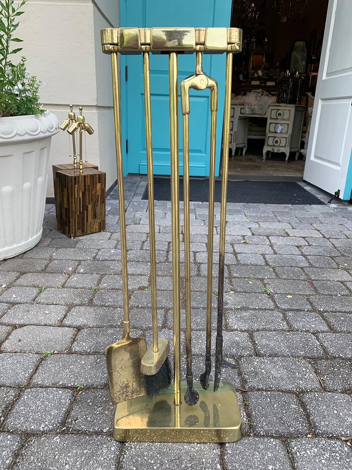 Mid-20th Century Brass Andirons & Fire Tools Set with Stand, Hallmarked In Good Condition In Atlanta, GA