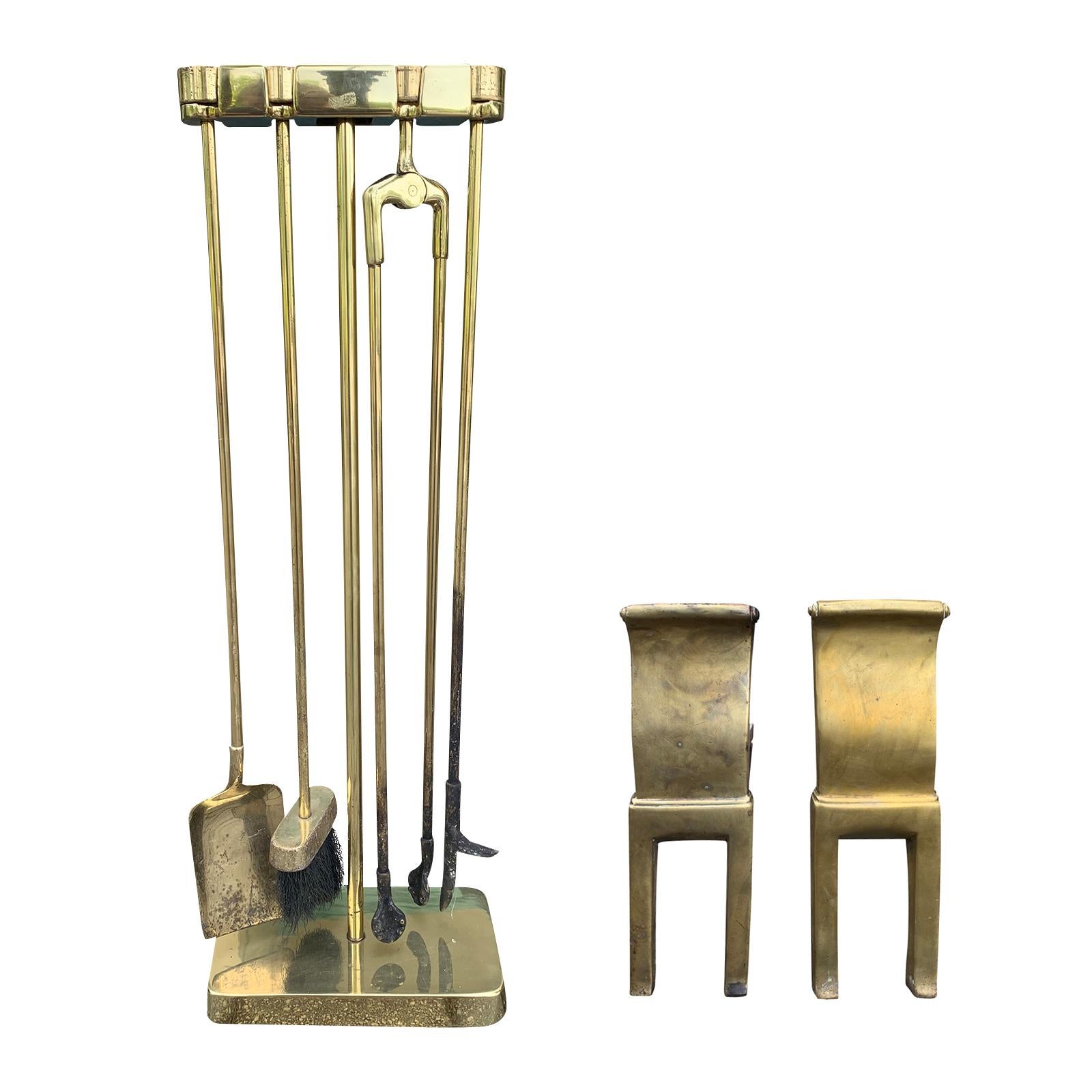 Mid-20th Century Brass Andirons & Fire Tools Set with Stand, Hallmarked