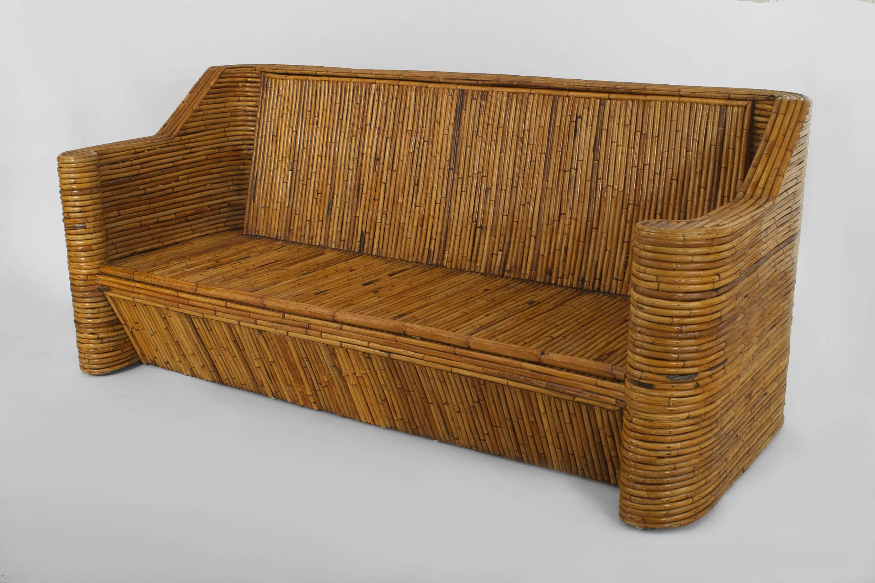 Set of 7 Mid-Century (1970s) split Bamboo veneer salon / living room set (settee, 2 arm chairs, ottoman, 2 end tables, coffee table)
