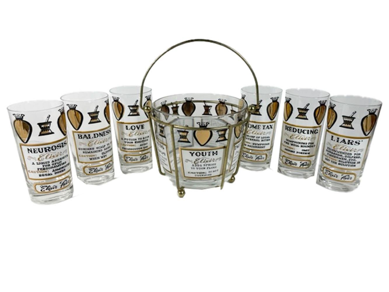 20th Century 7 Piece Vintage Elixir Fixer Ice Bucket Set with Various Ailments and Remedies 