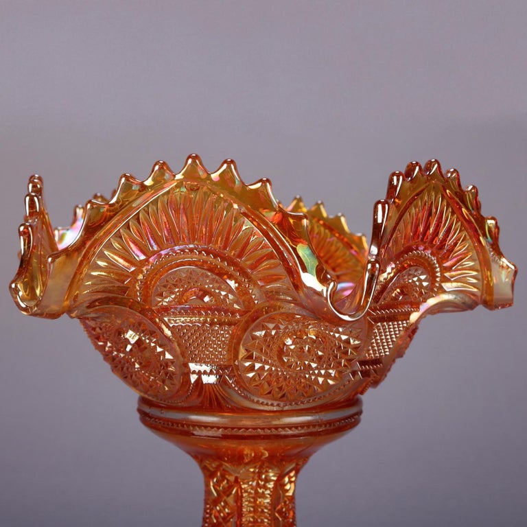 7 Pieces Antique Iridized Marigold Carnival Glass Compote and Cups