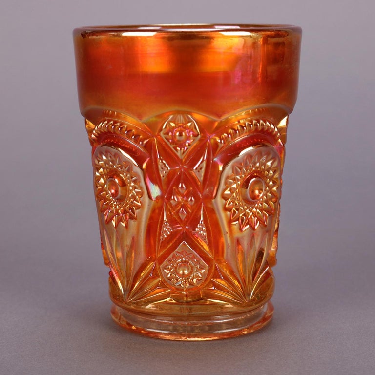 7 Pieces Antique Iridized Marigold Carnival Glass Compote and Cups