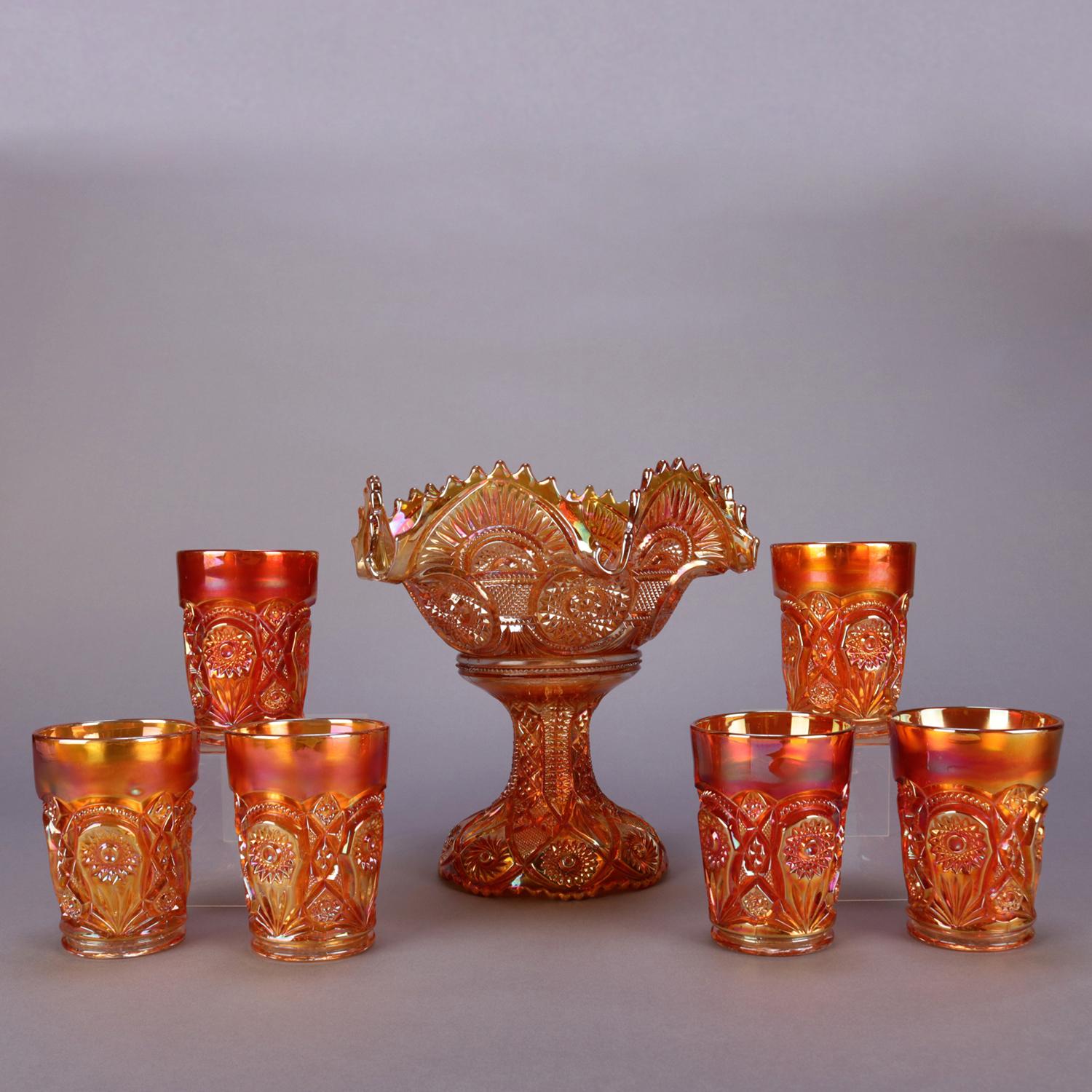 Un ensemble de verre de carnaval irisé comprend une compote à bord volanté avec un bol sur un piédestal et six verres à boire de type gobelet, vers 1930.

Mesures - tasses 4,25