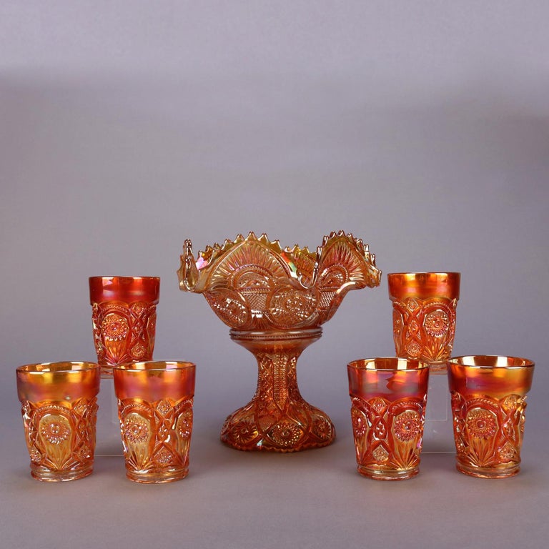 7 Pieces Antique Iridized Marigold Carnival Glass Compote and Cups