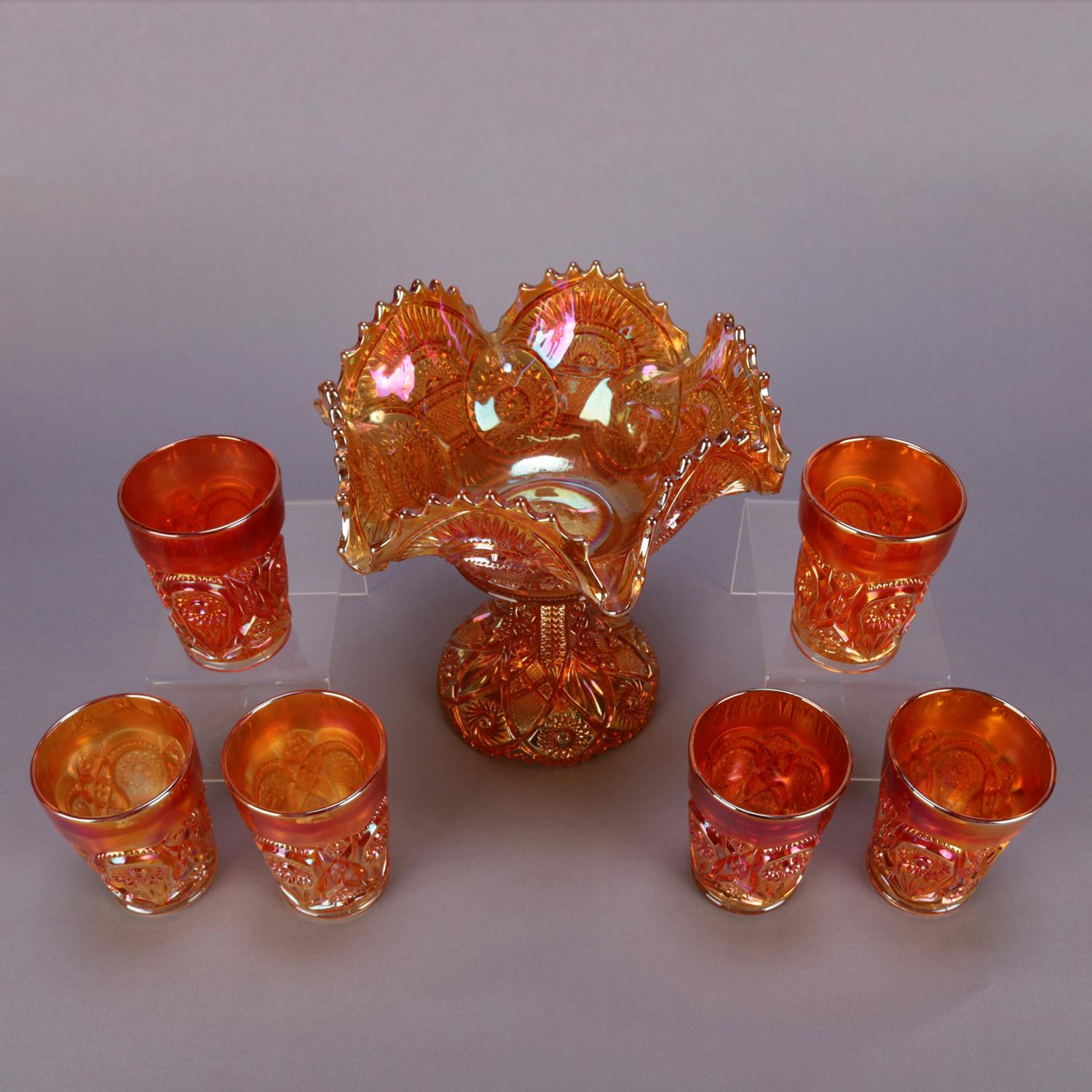 Américain 7 pièces compote et tasses de carnaval anciennes en verre doré irisé, vers 1930