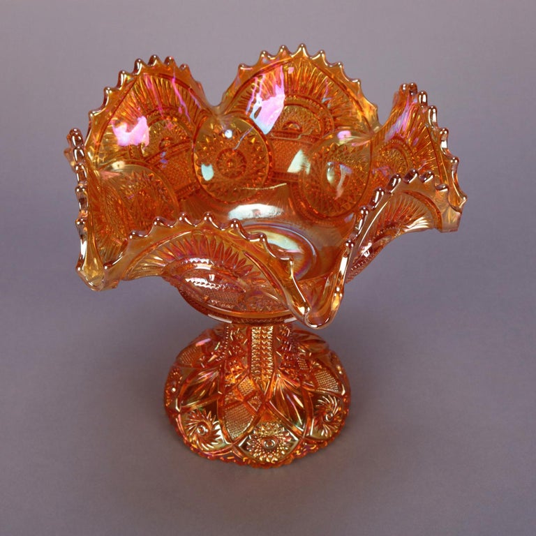 7 Pieces Antique Iridized Marigold Carnival Glass Compote and Cups