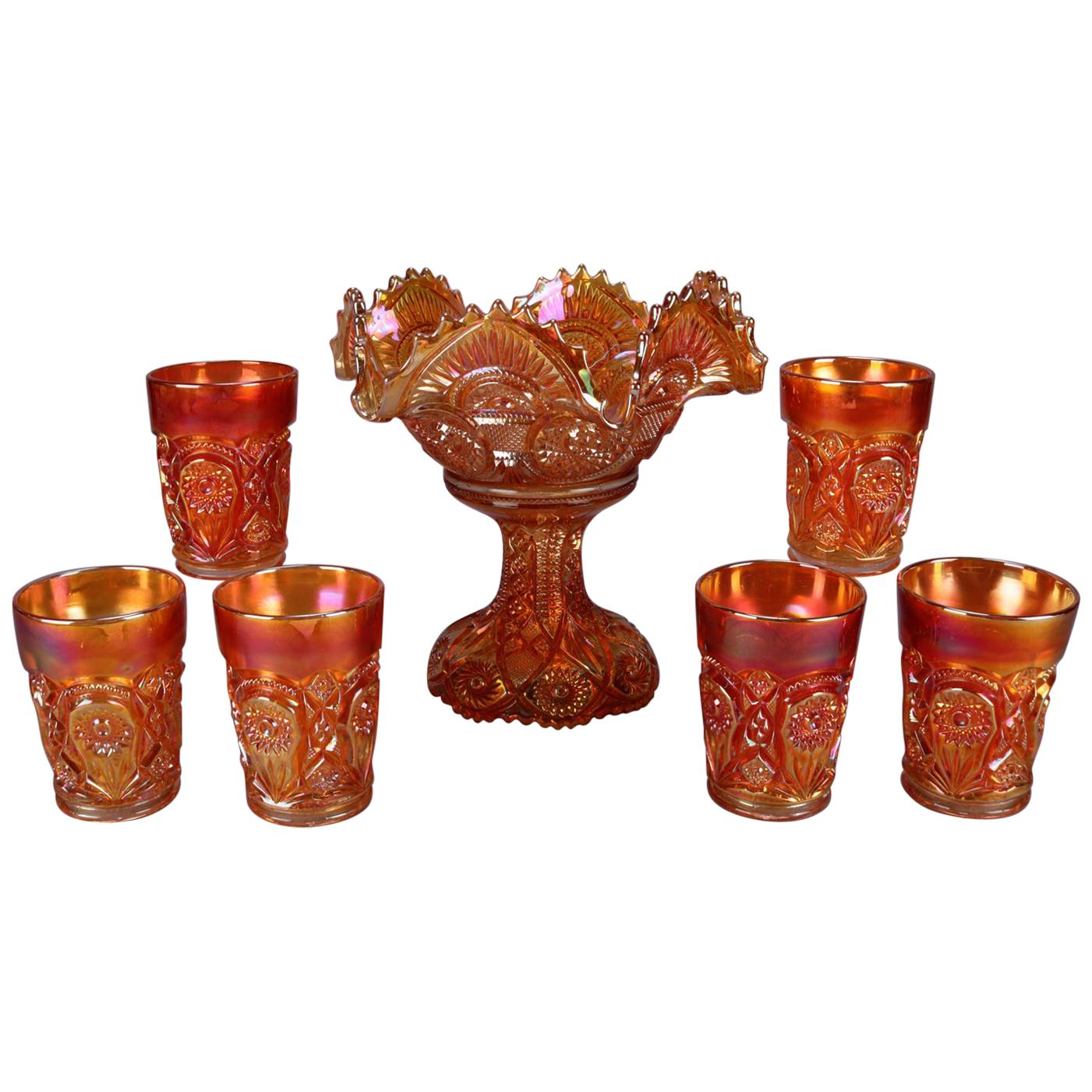 7 pièces compote et tasses de carnaval anciennes en verre doré irisé, vers 1930