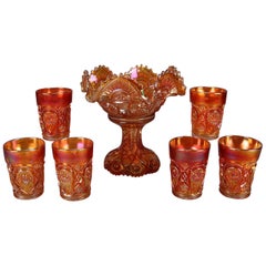 7 pièces compote et tasses de carnaval anciennes en verre doré irisé, vers 1930