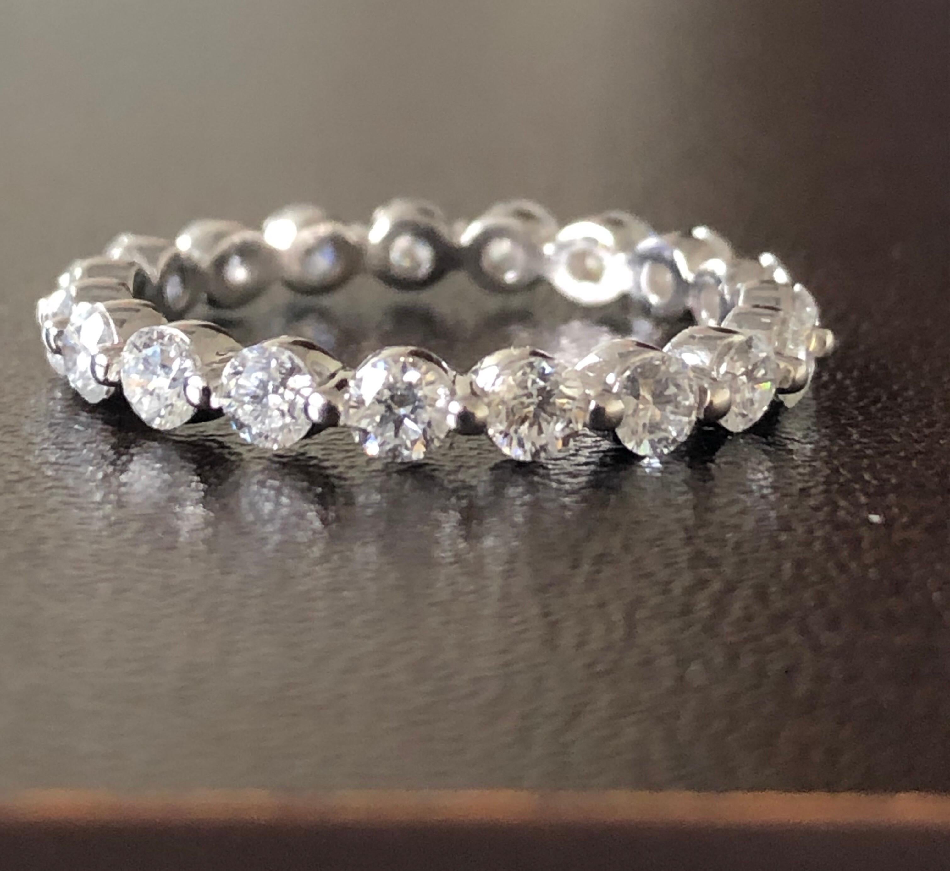 Eternity ring set in 14K white gold. The stones weigh approximately 0.07 carats each set in a single prong. The color of the stones are G, the clarity is SI1-SI2. The total diamond weight is 1.33 carats. The ring is a size 6.5.