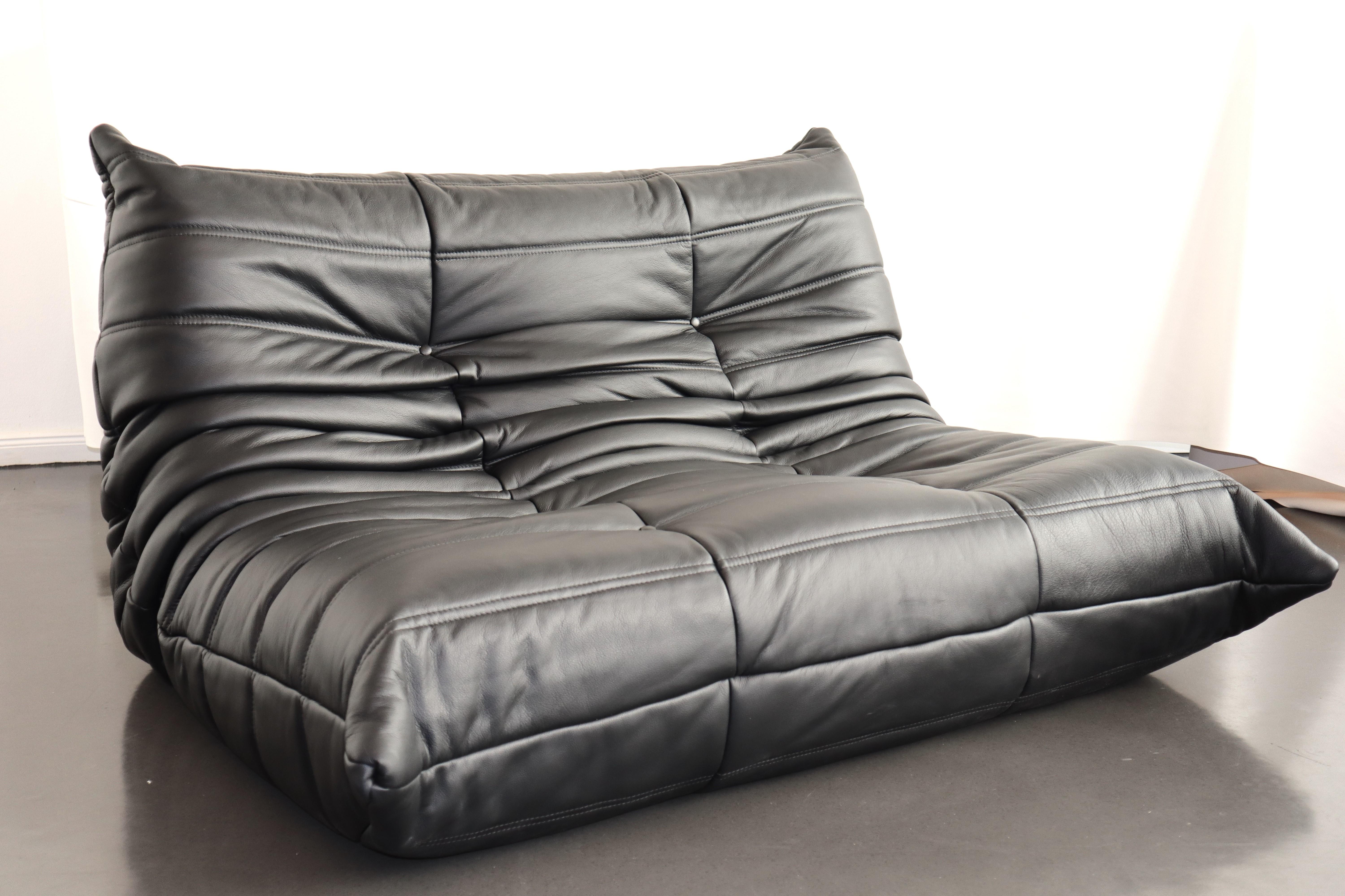 7-sitziges 5-teiliges Togo-Sofa aus schwarzem Leder von Ducaroy für Ligne Roset, Frankreich (Französisch) im Angebot