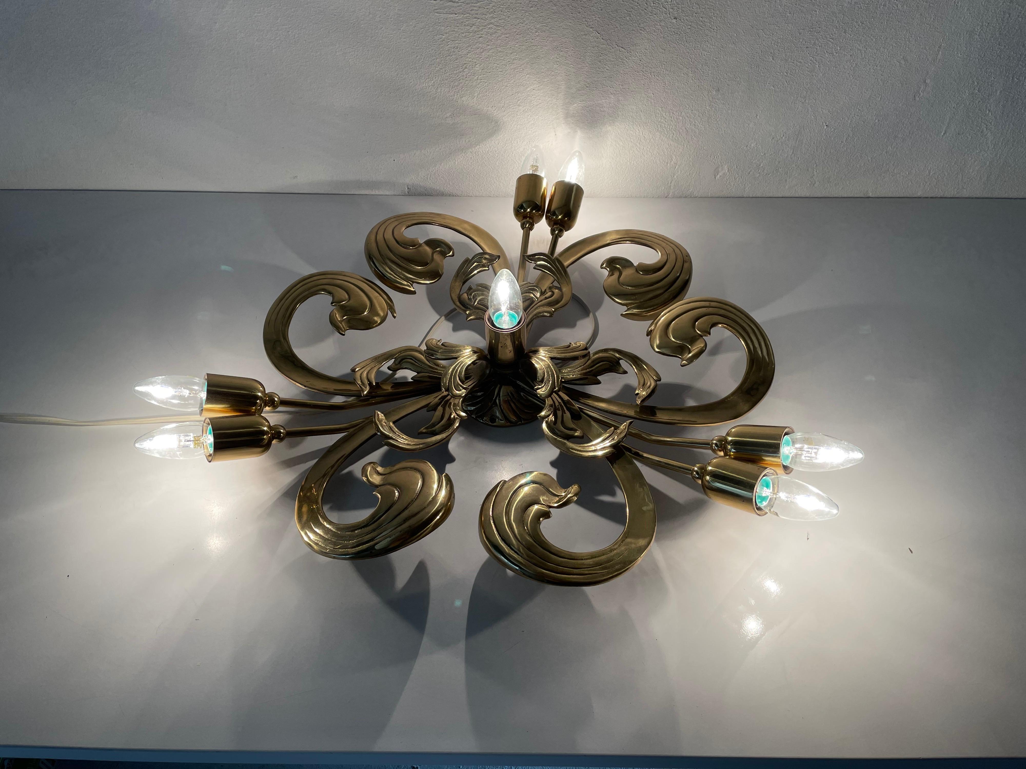 7 Socket Flower Shaped Full Brass XL Chandelier by Hans Möller, 1960s, Germany For Sale 3