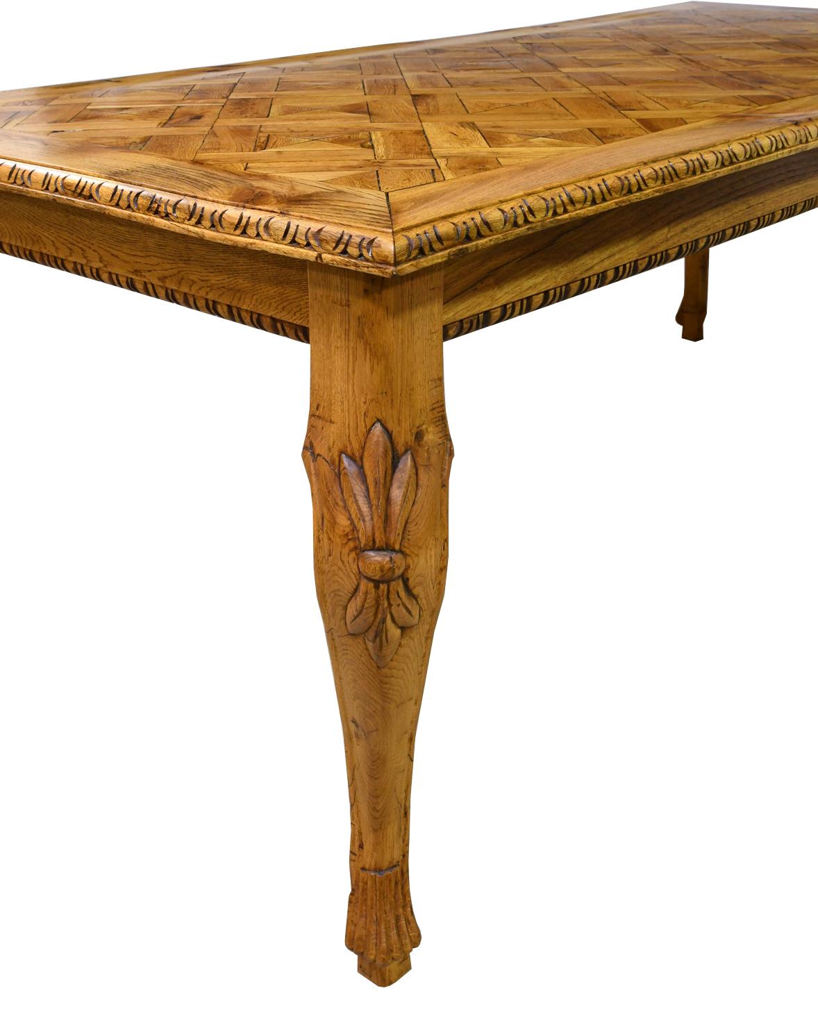 Solid Repurposed European Oak Parquetry-Top Dining Table w/ Carved Cabriole Legs For Sale 2