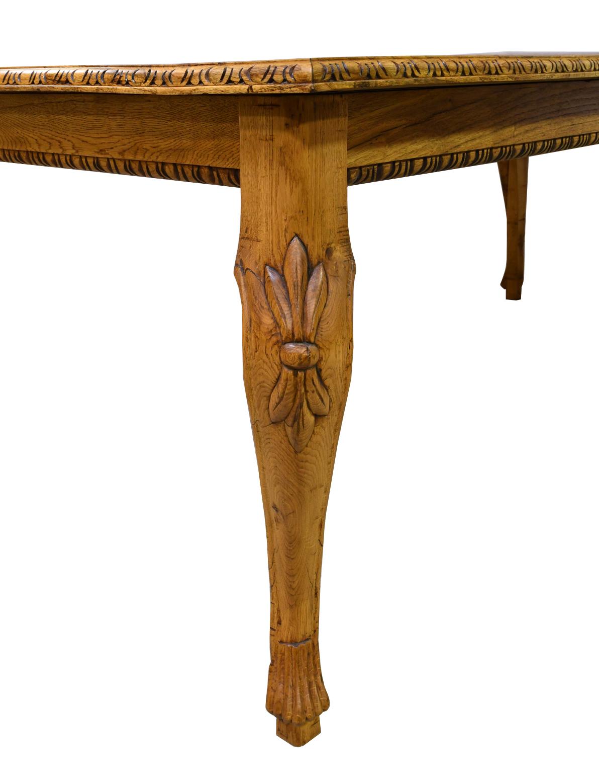 Solid Repurposed European Oak Parquetry-Top Dining Table w/ Carved Cabriole Legs For Sale 3