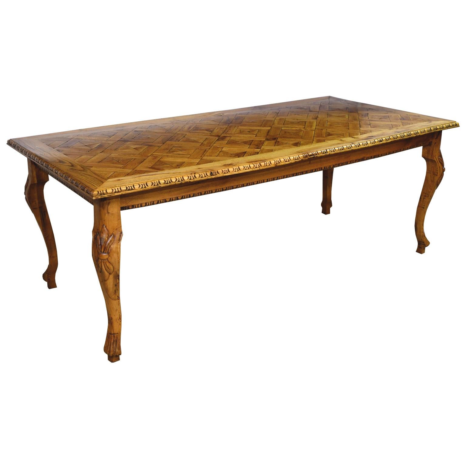 French Provincial Solid Repurposed European Oak Parquetry-Top Dining Table w/ Carved Cabriole Legs For Sale