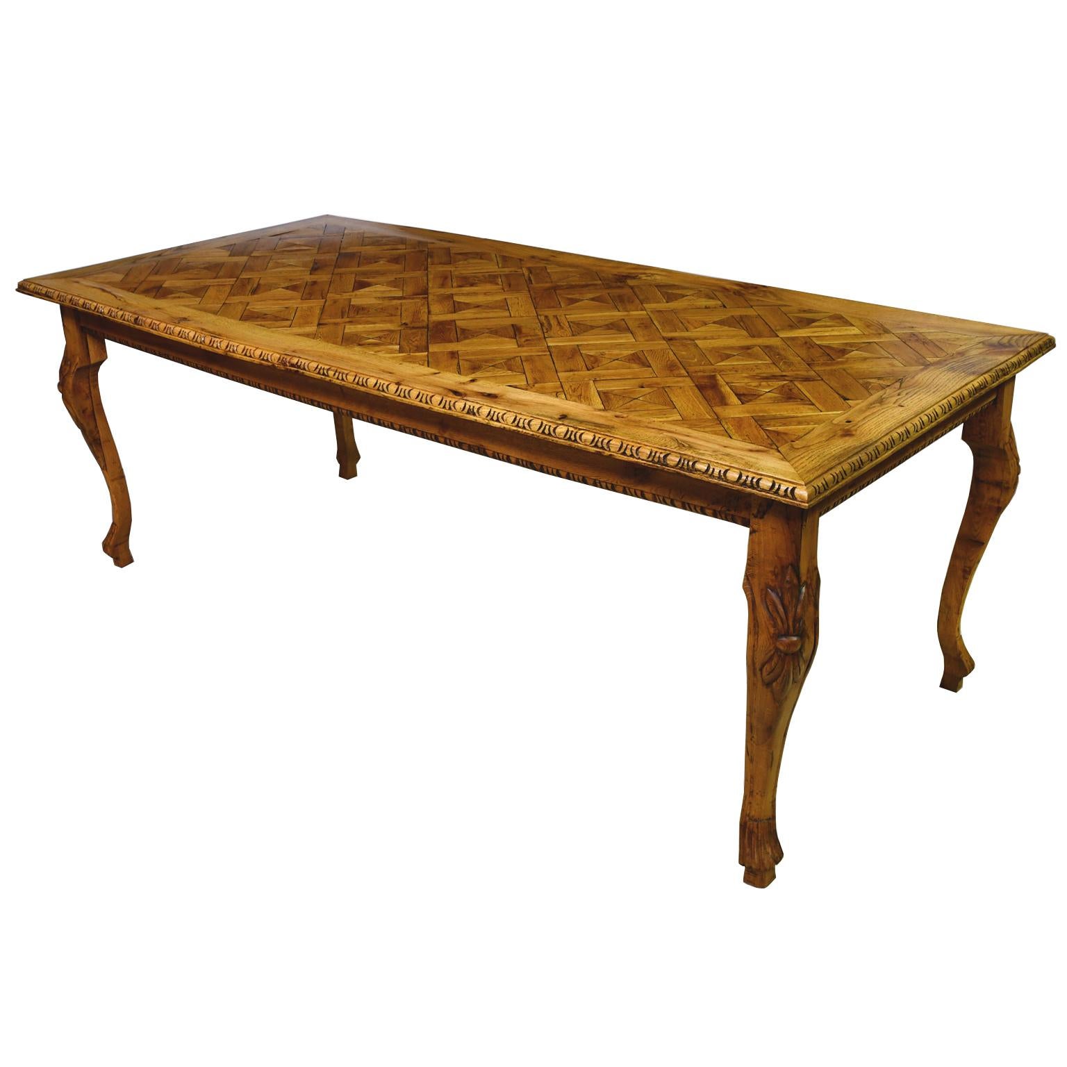 Turkish Solid Repurposed European Oak Parquetry-Top Dining Table w/ Carved Cabriole Legs For Sale